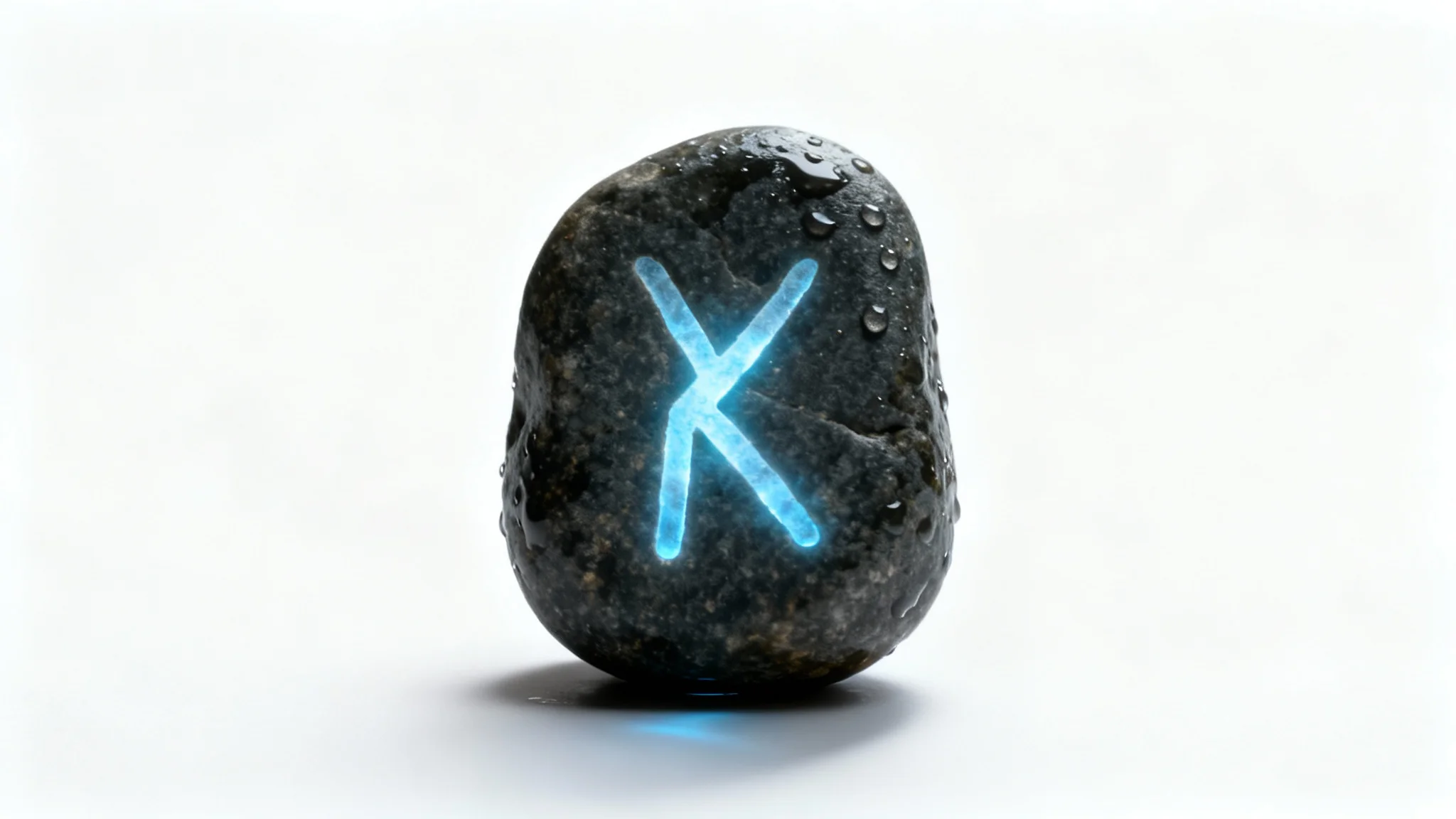 A photorealistic image of a single, ancient Norse rune carved into a dark, weathered stone, glowing with a faint blue light, isolated on a white background.