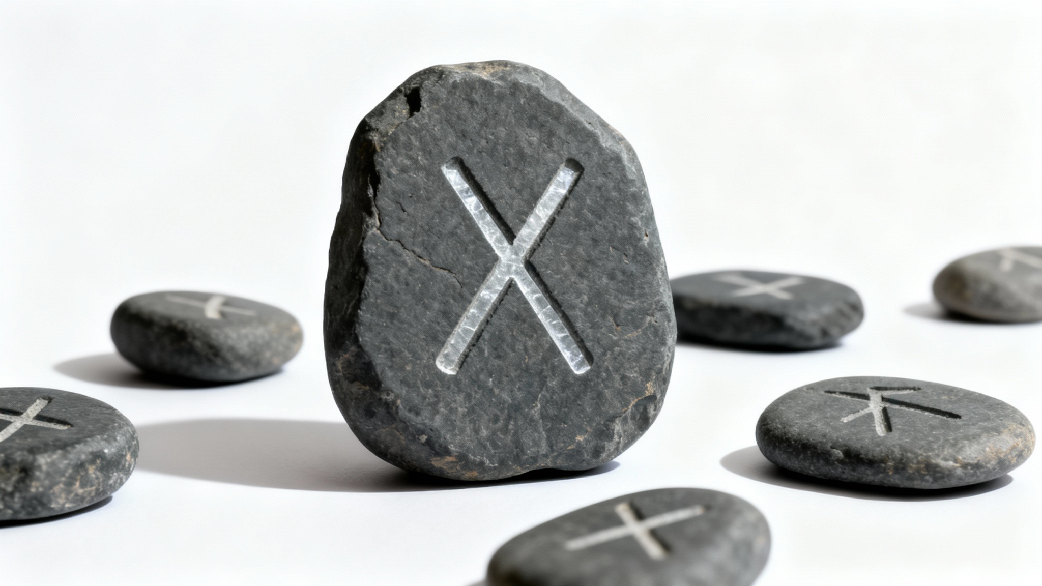 A collection of dark gray slate stones with ancient Norse runes carved into them, displayed on a clean white background.