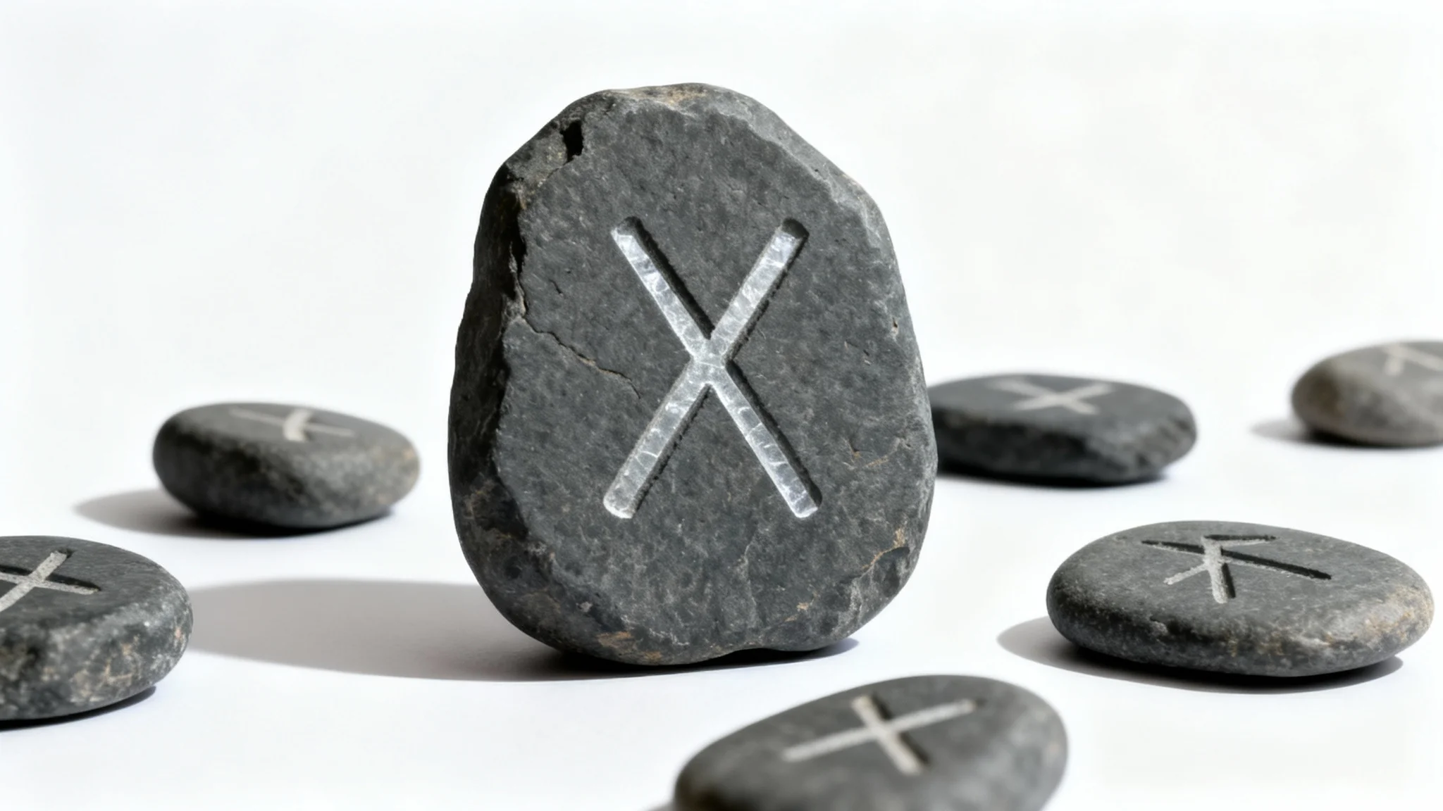A collection of dark gray slate stones with ancient Norse runes carved into them, displayed on a clean white background.