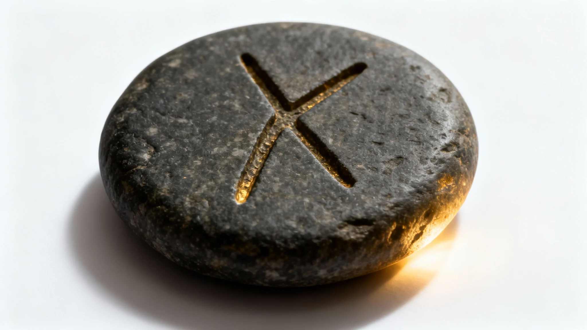 A close-up, detailed photograph of a single ancient rune carved into a dark, circular stone, glowing with a soft golden light, presented against a stark white background.