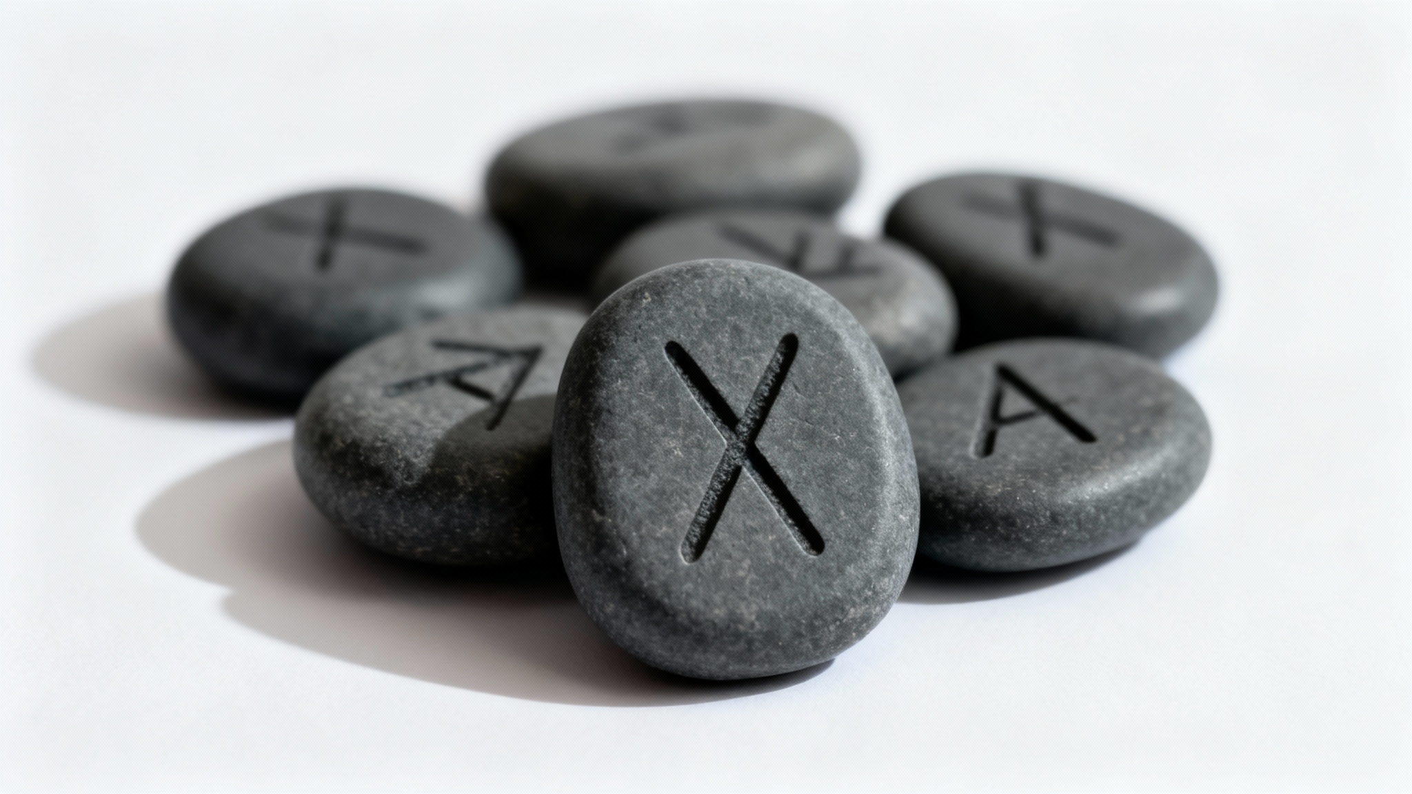 A close-up studio shot of several ancient Norse runes carved into dark grey stones, arranged neatly on a solid white background, creating a minimalist and mystical feel.