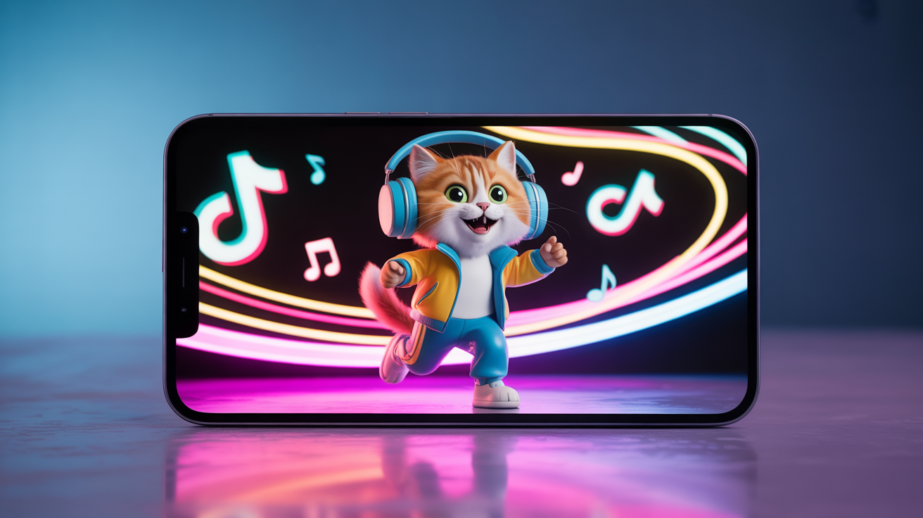 Hero image showing a smartphone playing a TikTok video. The video features an animated cat with headphones dancing against a neon background, showcasing the final output of an animated character creator.