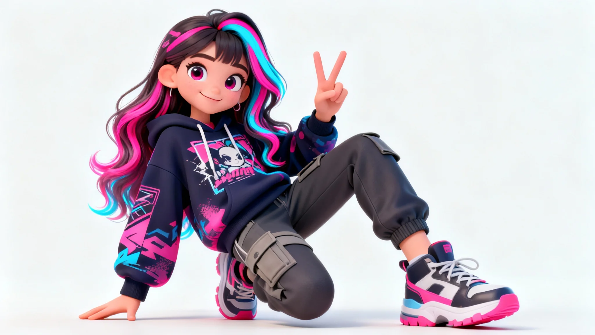 A 3D animated character of a trendy teenage girl with colorful pink and blue hair, giving a peace sign against a white background.
