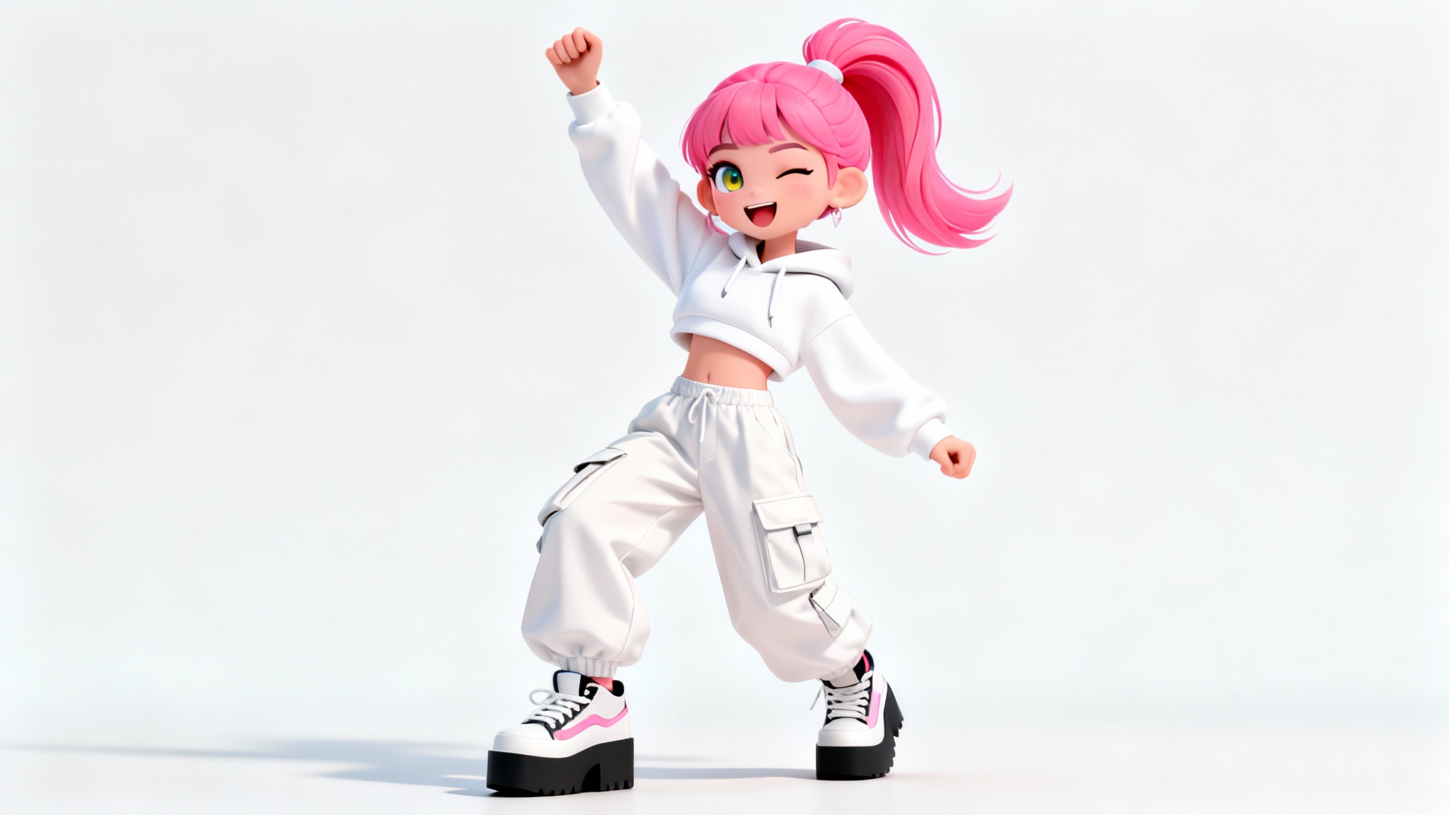 A 3D animated character of a stylish young woman with pink hair, wearing a white hoodie and cargo pants, captured mid-dance pose against a plain white background, representing a TikTok animated character.