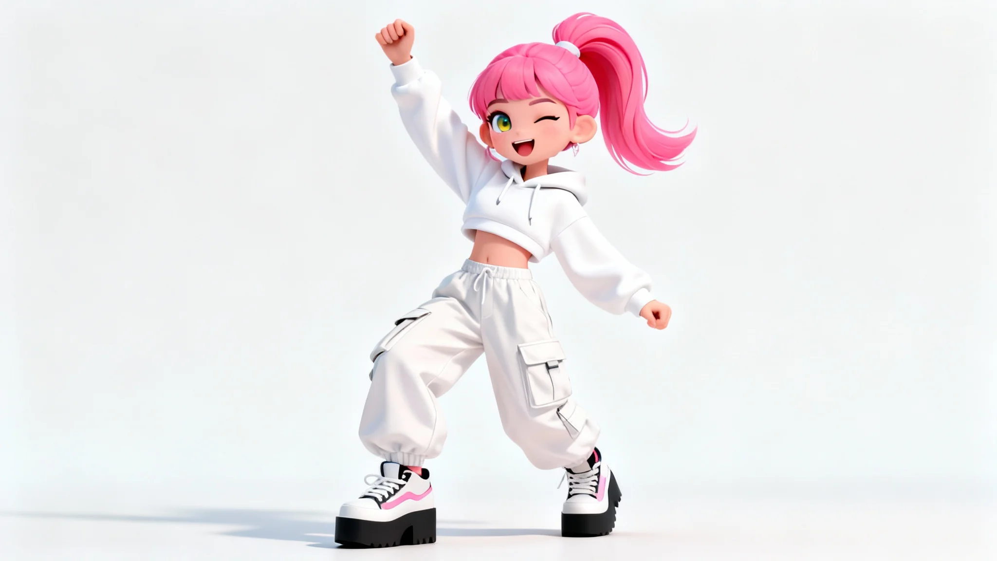 A 3D animated character of a stylish young woman with pink hair, wearing a white hoodie and cargo pants, captured mid-dance pose against a plain white background, representing a TikTok animated character.