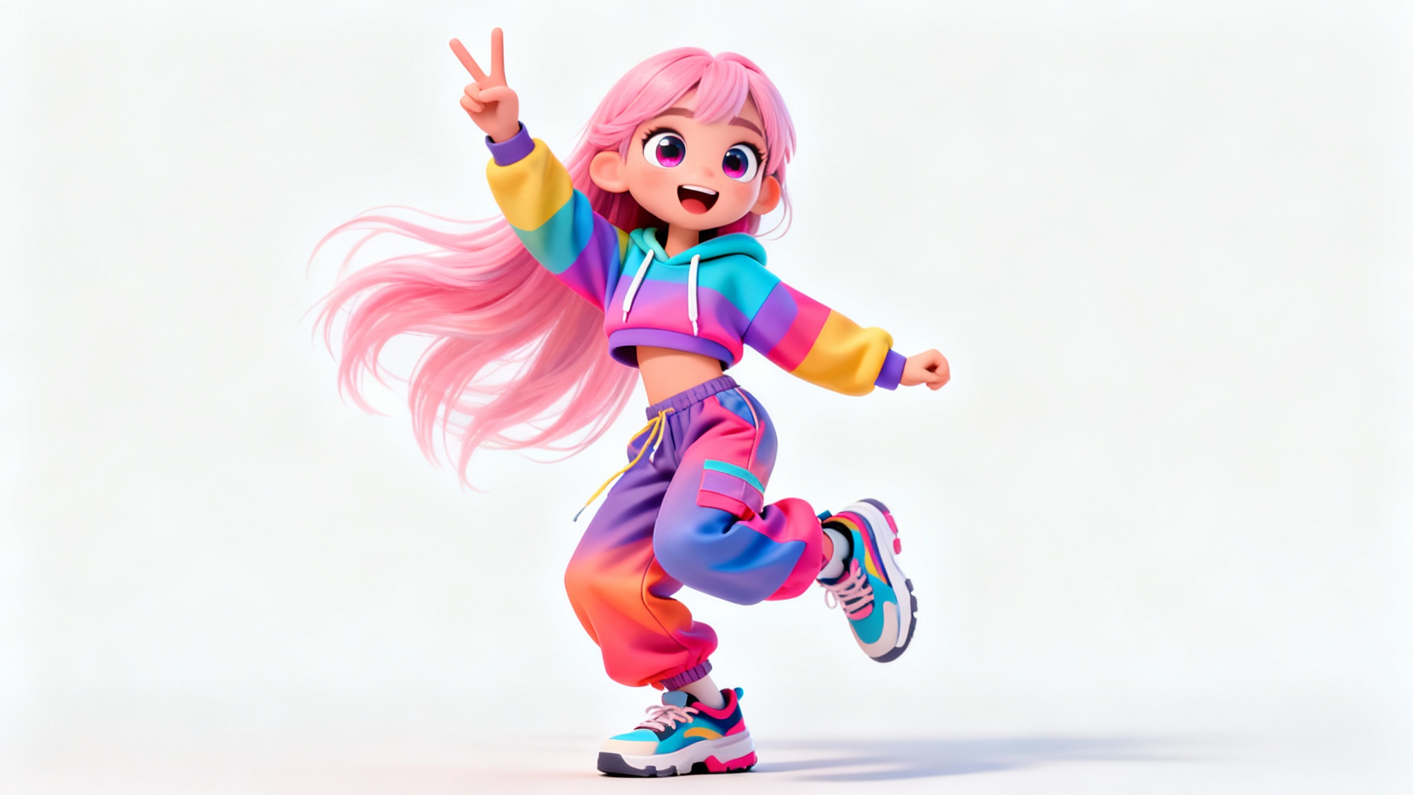 A 3D animated character of a girl with pink hair and a trendy outfit, caught in a dynamic dance pose against a plain white background, embodying the style of a TikTok animated character.