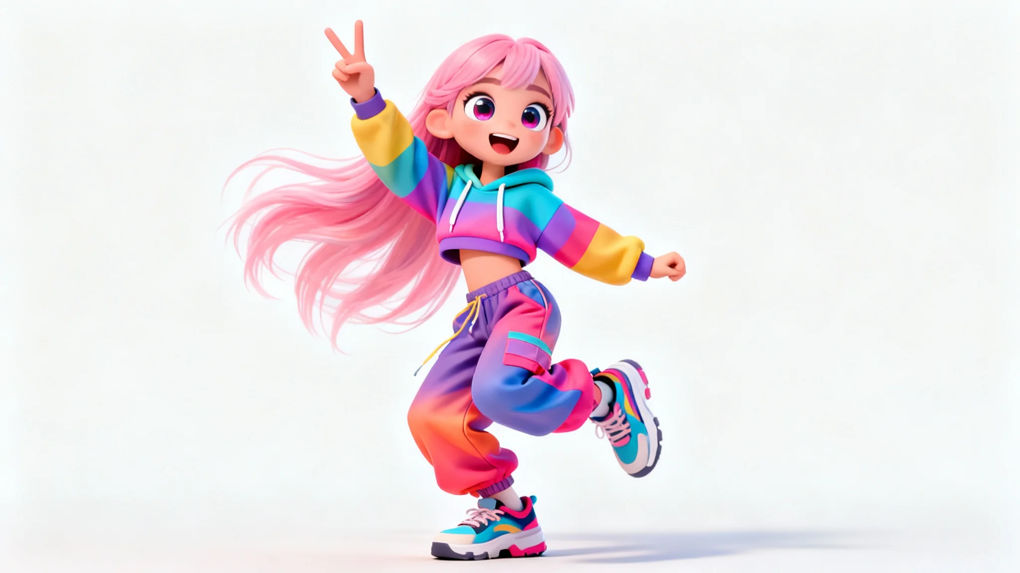 A 3D animated character of a girl with pink hair and a trendy outfit, caught in a dynamic dance pose against a plain white background, embodying the style of a TikTok animated character.