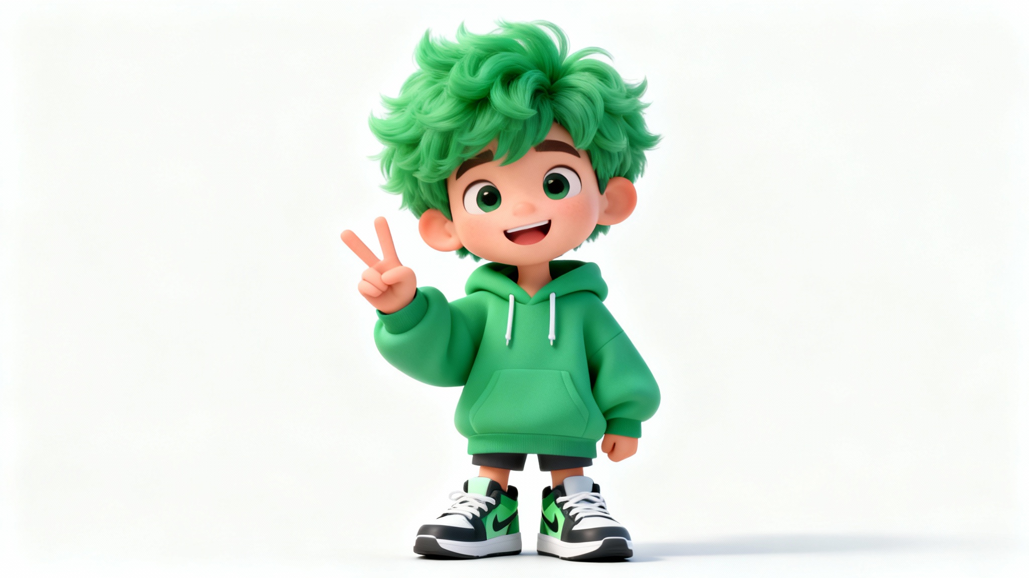 A 3D animated character of a teenage boy with green hair and a hoodie, smiling and giving a peace sign against a solid white background.