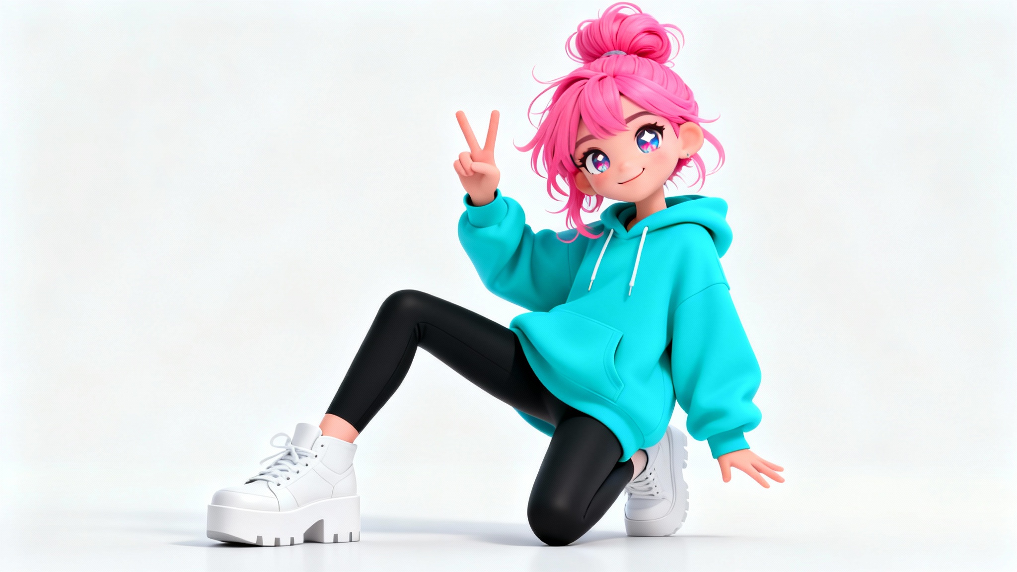 A stylized 3D animated character of a teenage girl with pink hair and a turquoise hoodie, striking a dynamic dance pose against a solid white background.