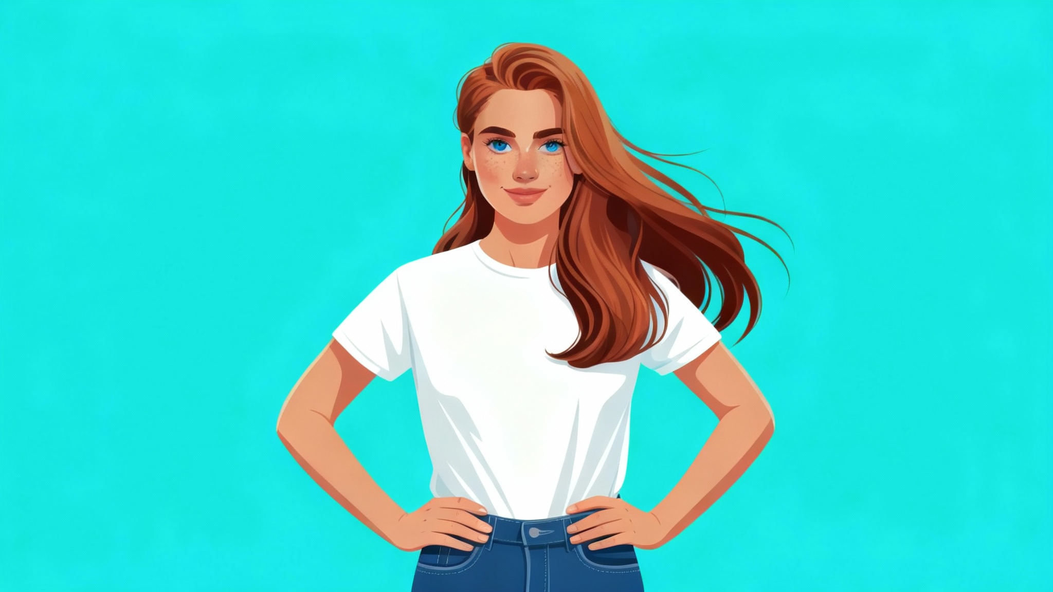 A digital illustration of a woman with long brown hair, perfectly cut out from her background and placed onto a solid teal background, showcasing the final result of a cutout tool.