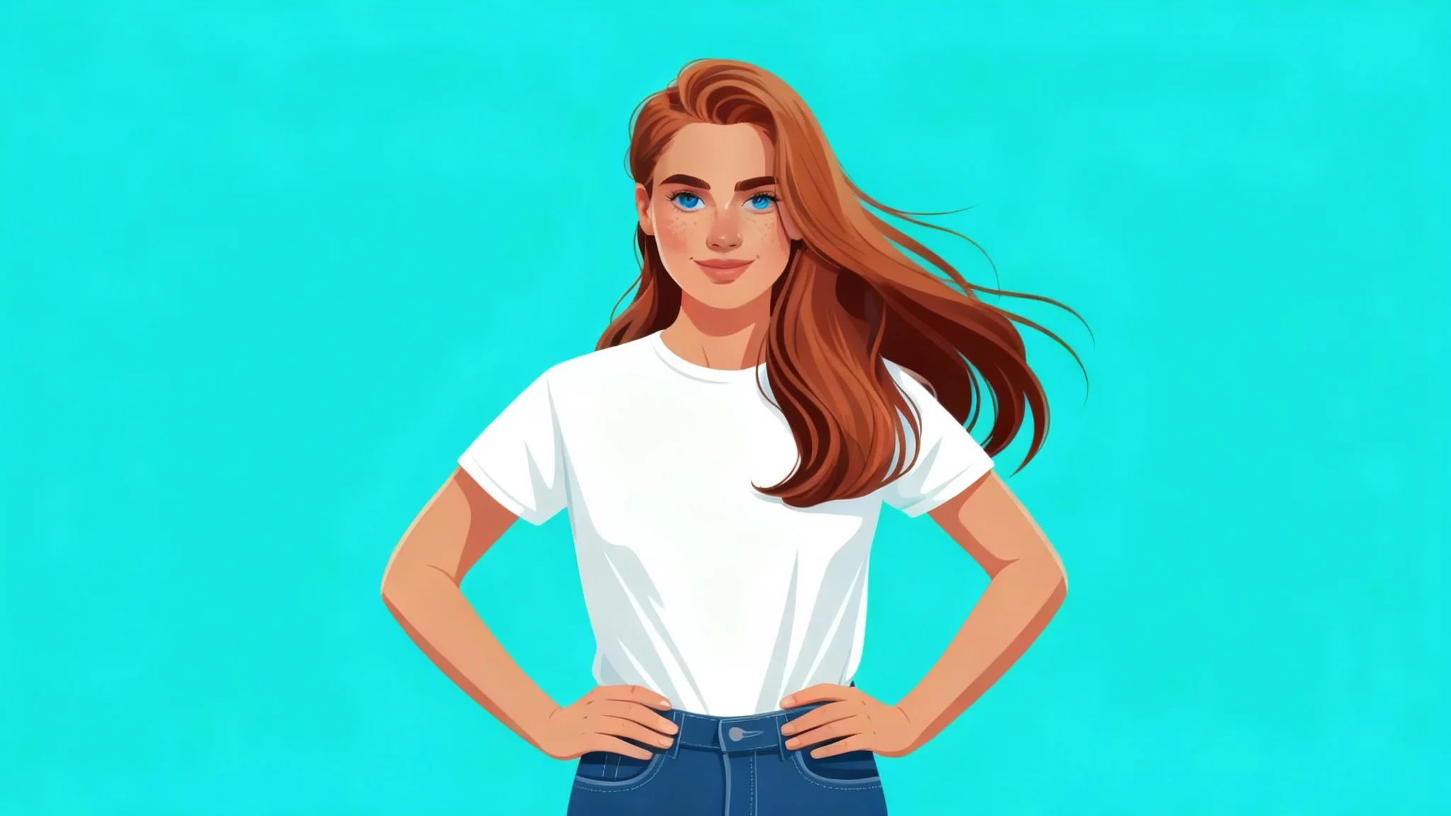 A digital illustration of a woman with long brown hair, perfectly cut out from her background and placed onto a solid teal background, showcasing the final result of a cutout tool.