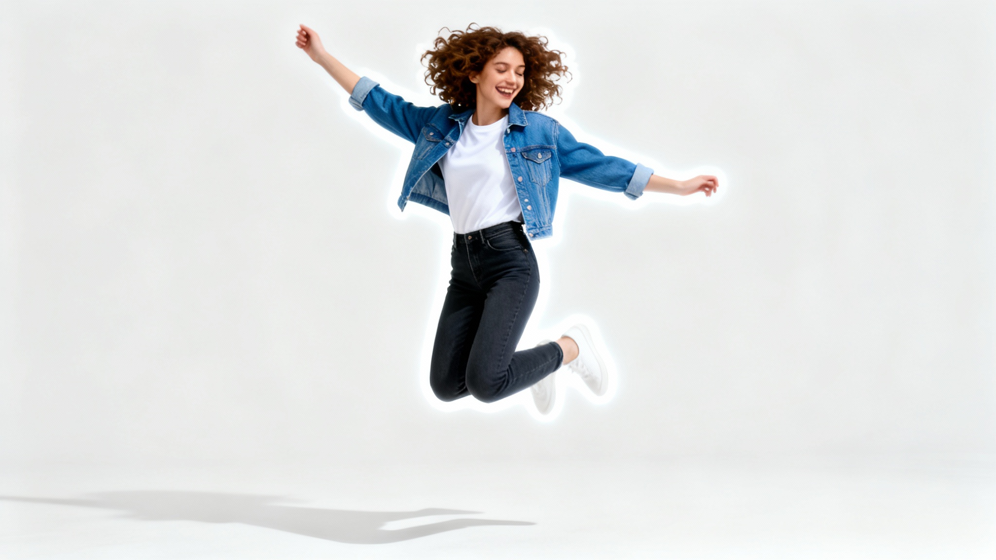 A full-body photo of a joyful woman jumping, perfectly cut out from her background and placed on a solid white surface to demonstrate a person cutout tool.