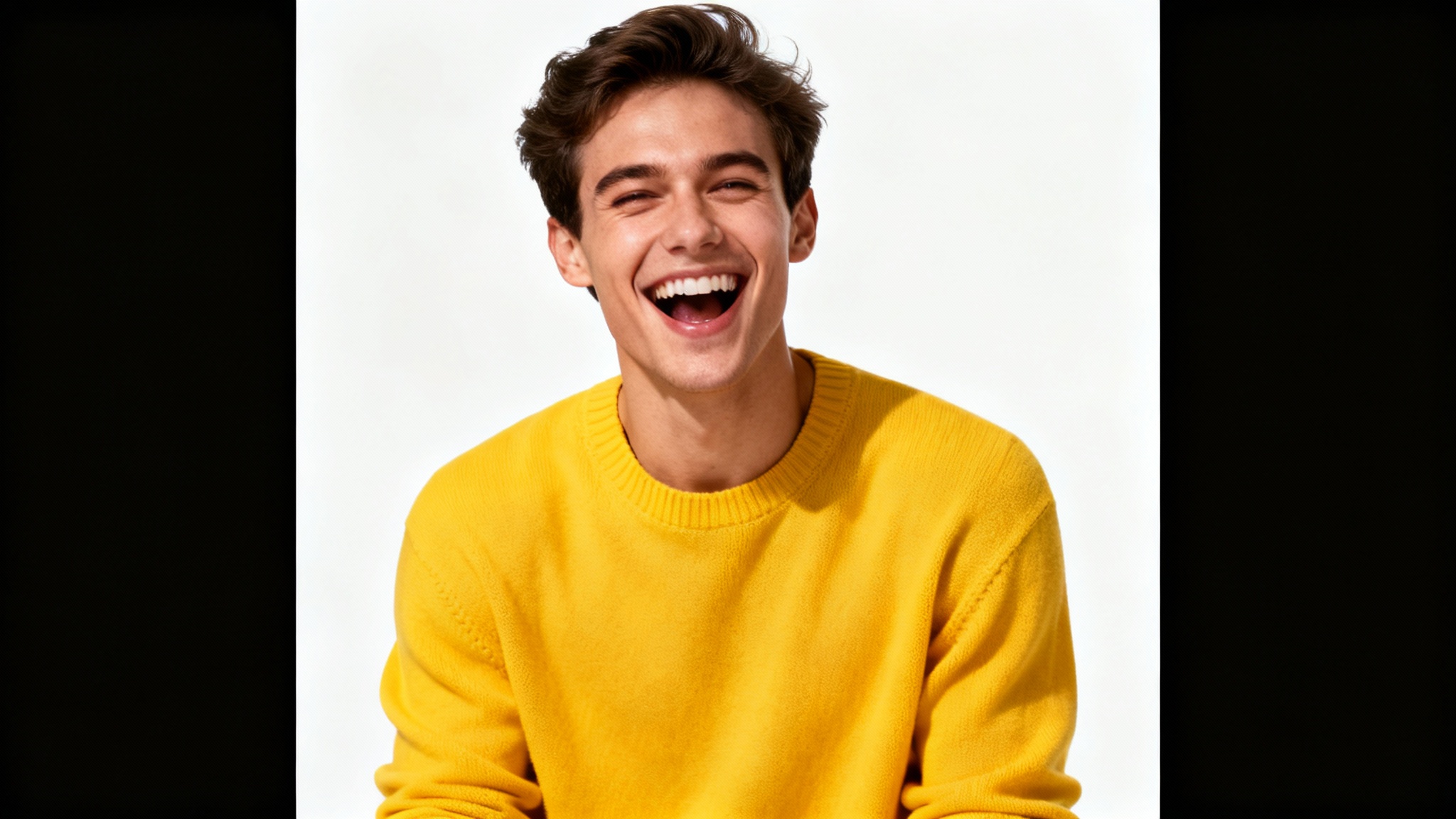 A professional cutout image of a laughing woman in a bright yellow sweater, perfectly isolated against a pure white background with a subtle drop shadow to create a 3D effect.