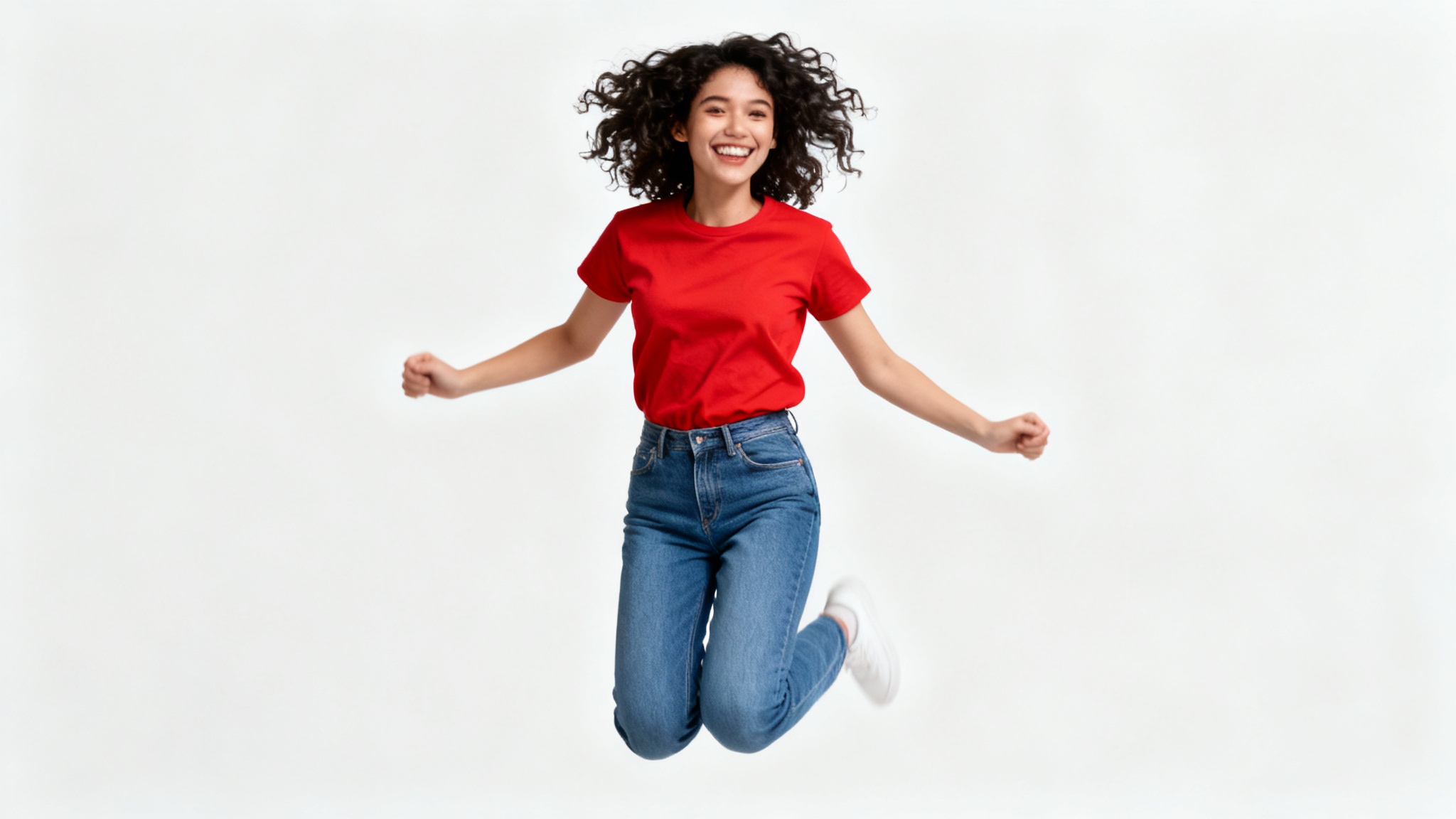 A photorealistic image of a woman with curly hair joyfully jumping in the air. She is wearing a red t-shirt and jeans against a solid white background, making her look like a perfect cutout.