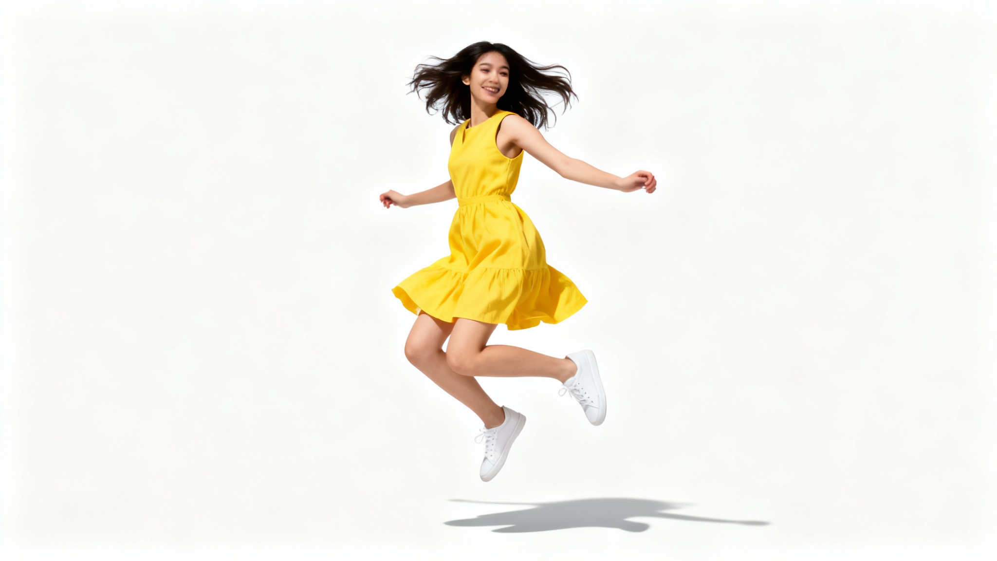 A dynamic, full-body photo of a woman in a yellow dress jumping, perfectly isolated on a clean white background with a subtle shadow.