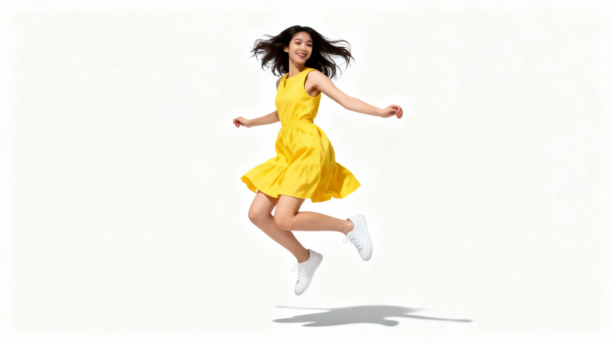 A dynamic, full-body photo of a woman in a yellow dress jumping, perfectly isolated on a clean white background with a subtle shadow.