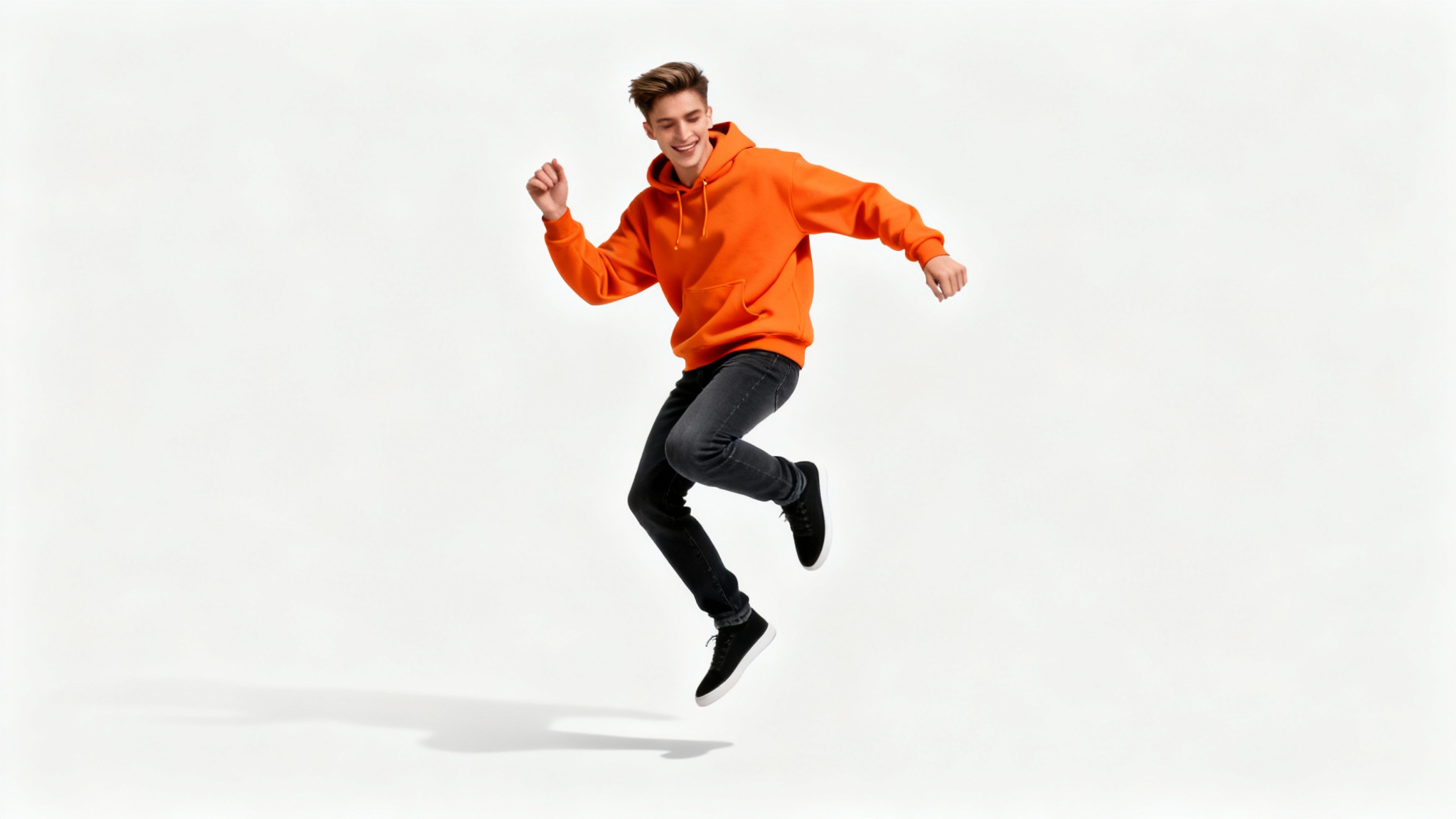 A photorealistic image of a man in an orange hoodie, perfectly cut out from his background and placed on a clean white surface, demonstrating a person cutout feature.