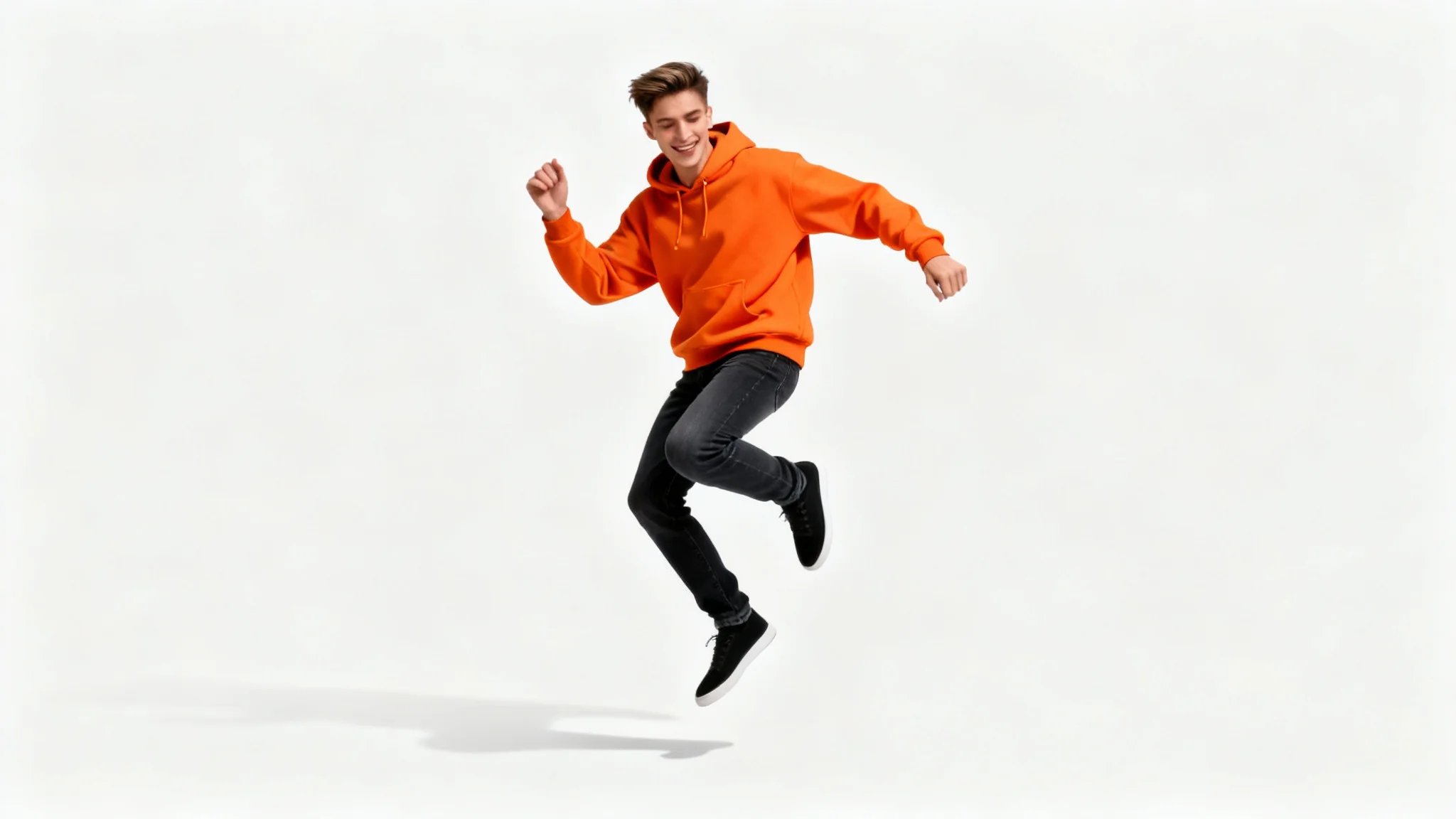 A photorealistic image of a man in an orange hoodie, perfectly cut out from his background and placed on a clean white surface, demonstrating a person cutout feature.