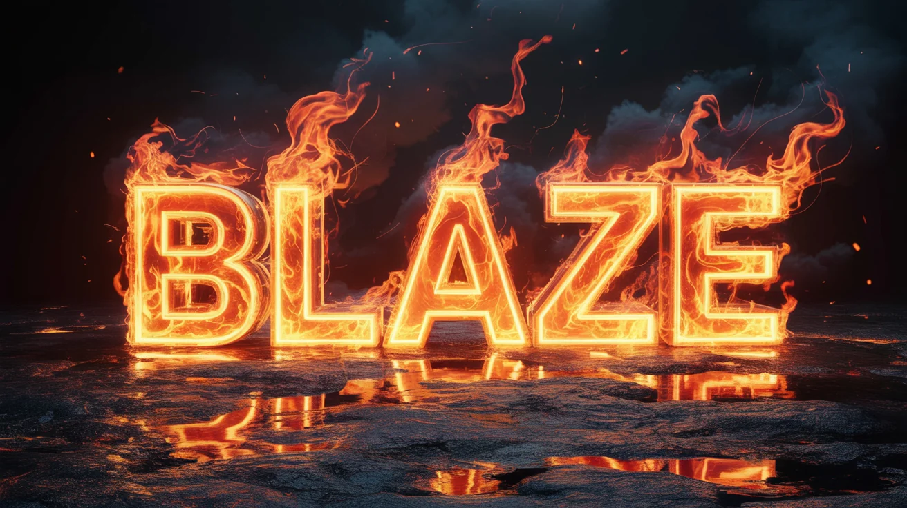 The word 'BLAZE' is shown in a dramatic fire text effect, with realistic orange and yellow flames wrapping around the letters and sparks flying off against a dark, textured background.