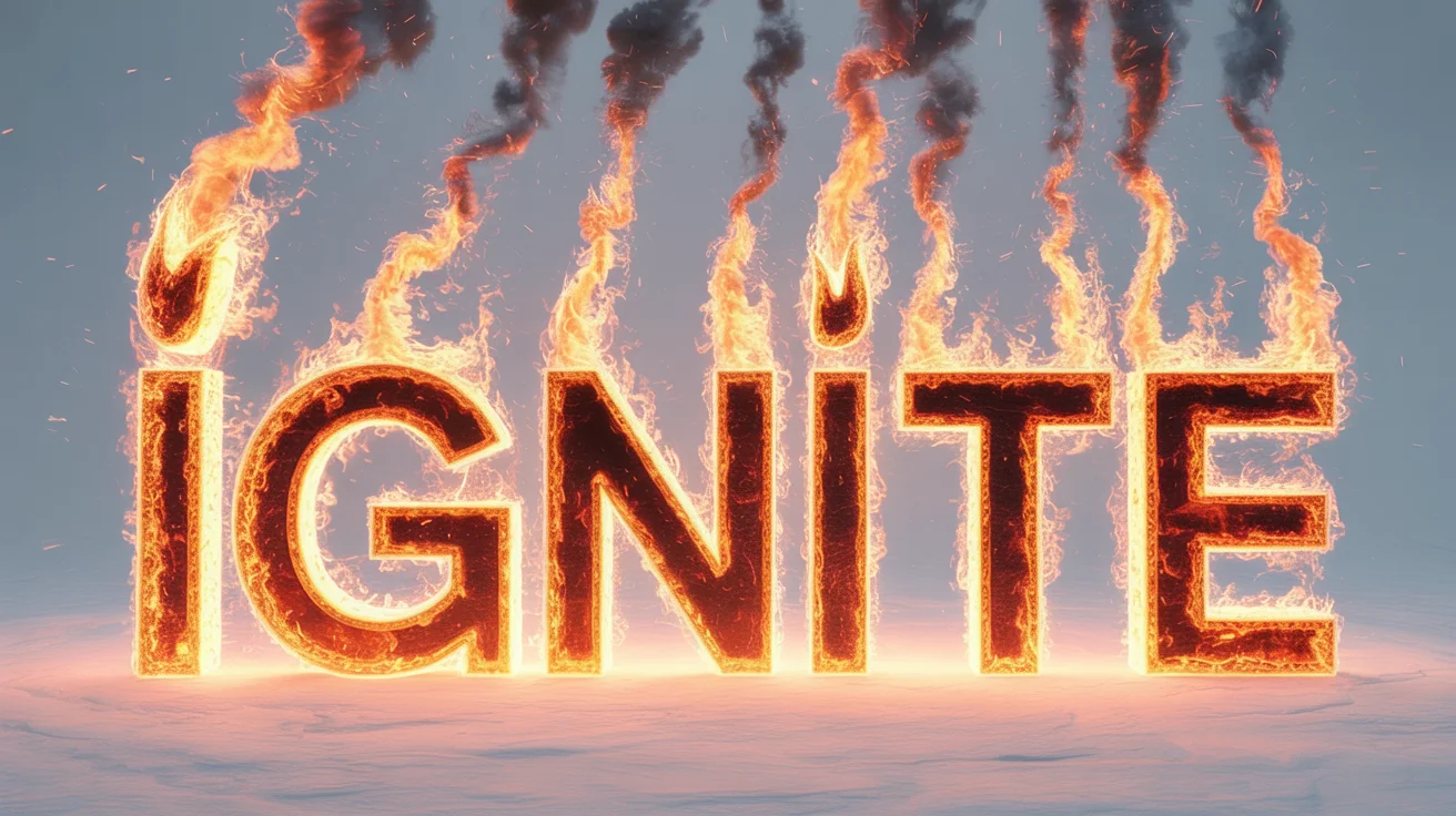 The word 'IGNITE' rendered in realistic, blazing fire text with smoke and embers, isolated against a plain white background.
