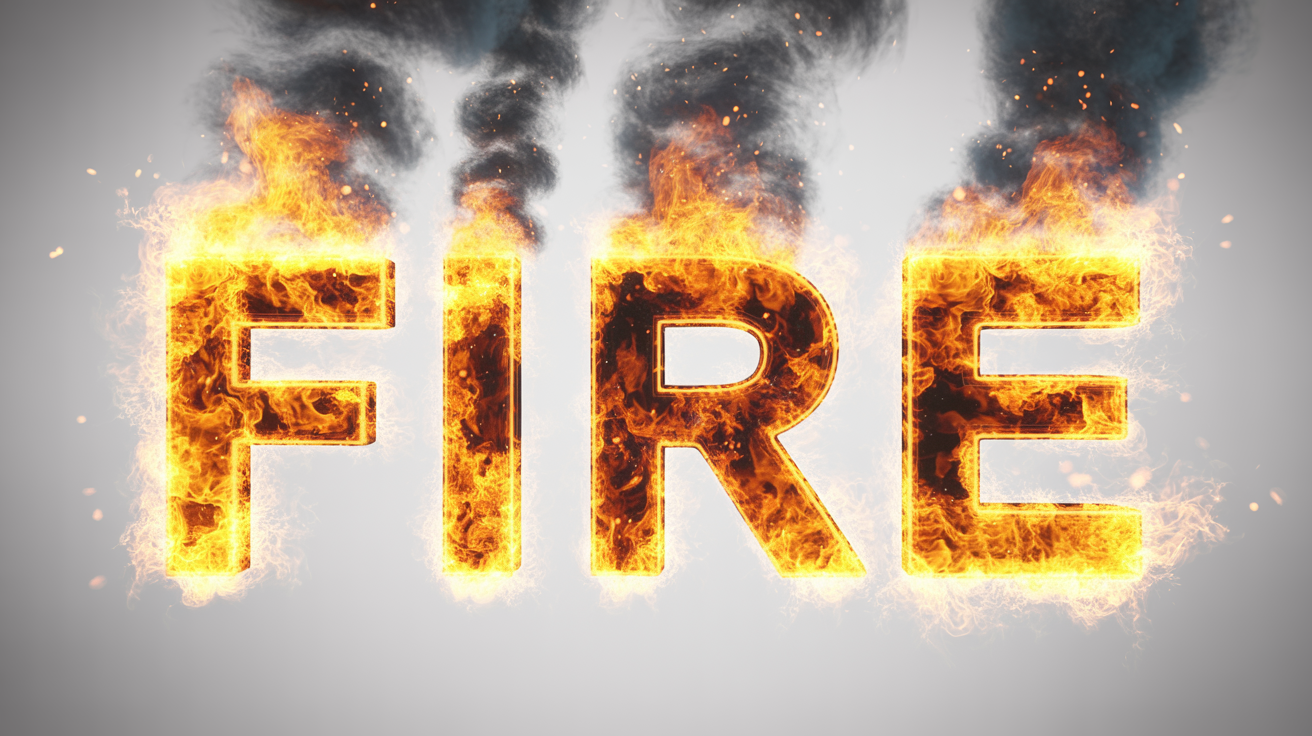 A photorealistic image showing the word 'FIRE' written in bold letters, with each letter engulfed in vibrant, realistic flames against a plain white background.