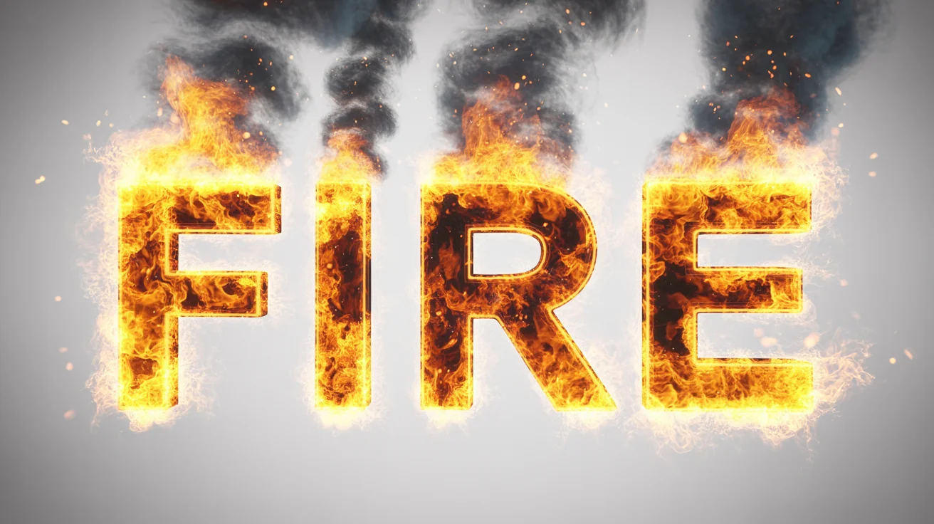 A photorealistic image showing the word 'FIRE' written in bold letters, with each letter engulfed in vibrant, realistic flames against a plain white background.