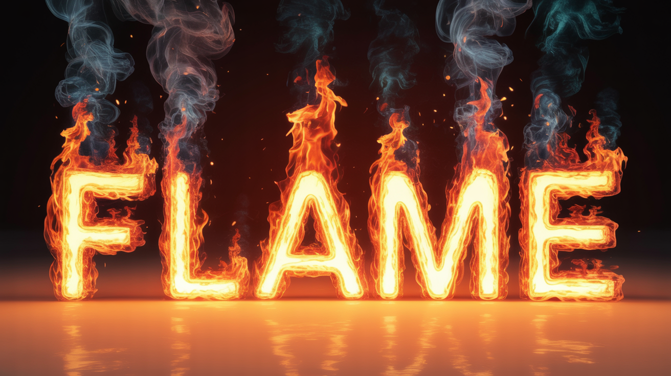 The word 'FLAME' depicted in realistic, bright orange and red fire, with sparks and smoke, set against a solid white background.