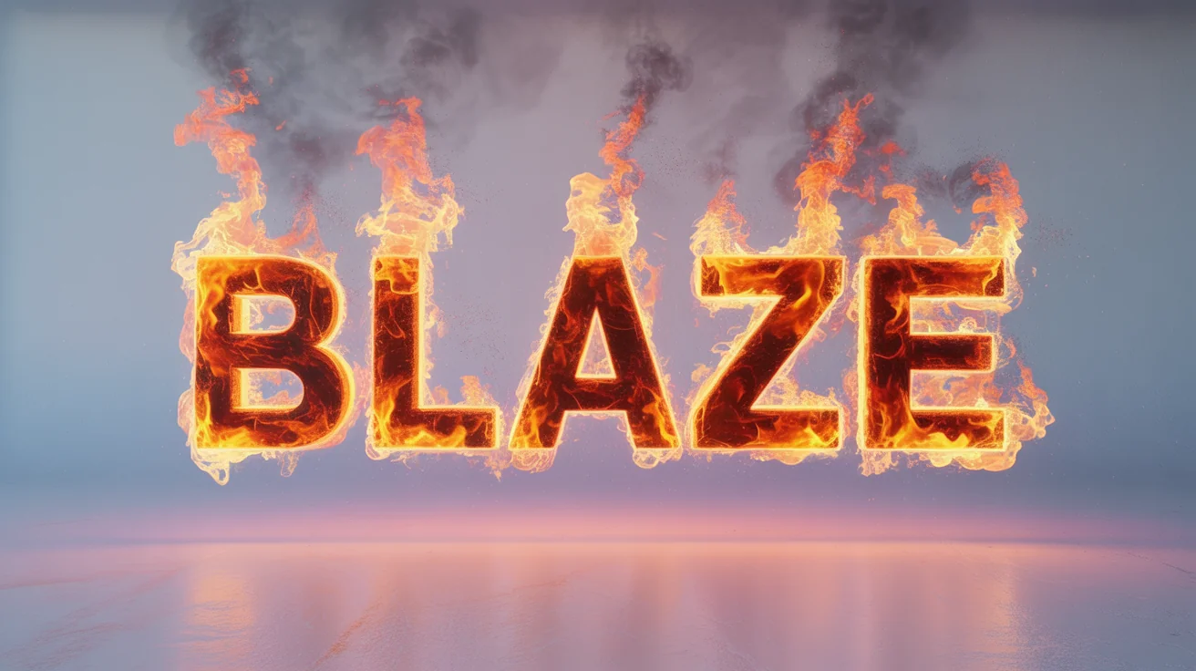 The word 'BLAZE' written in bold letters made of realistic, roaring fire against a solid white background.