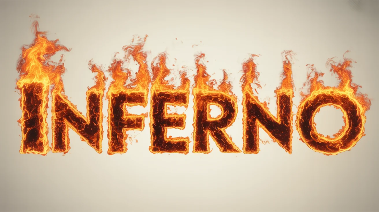 The word 'INFERNO' spelled out in realistic, roaring flames of orange and yellow, with sparks flying off against a stark white background.
