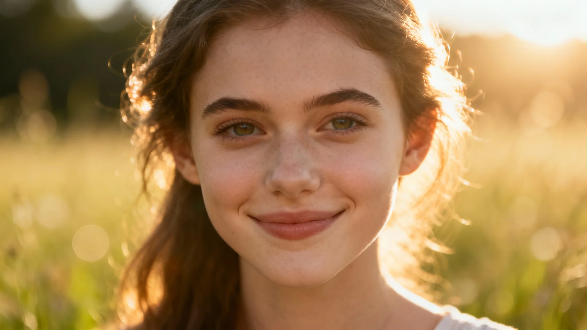 A photorealistic portrait of a woman bathed in the warm, natural light of the golden hour, smiling gently in a soft-focus meadow background.
