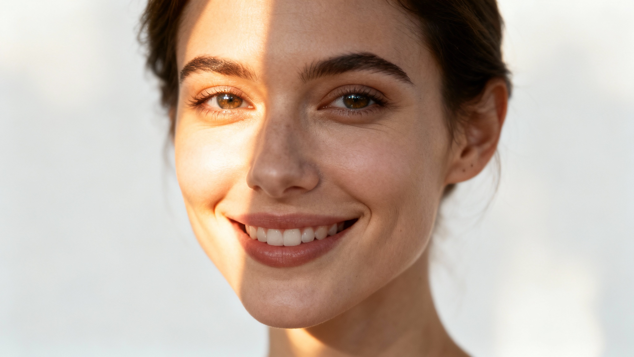 A professional close-up portrait of a smiling woman illuminated by soft natural light against a solid white background, demonstrating a natural light portrait.