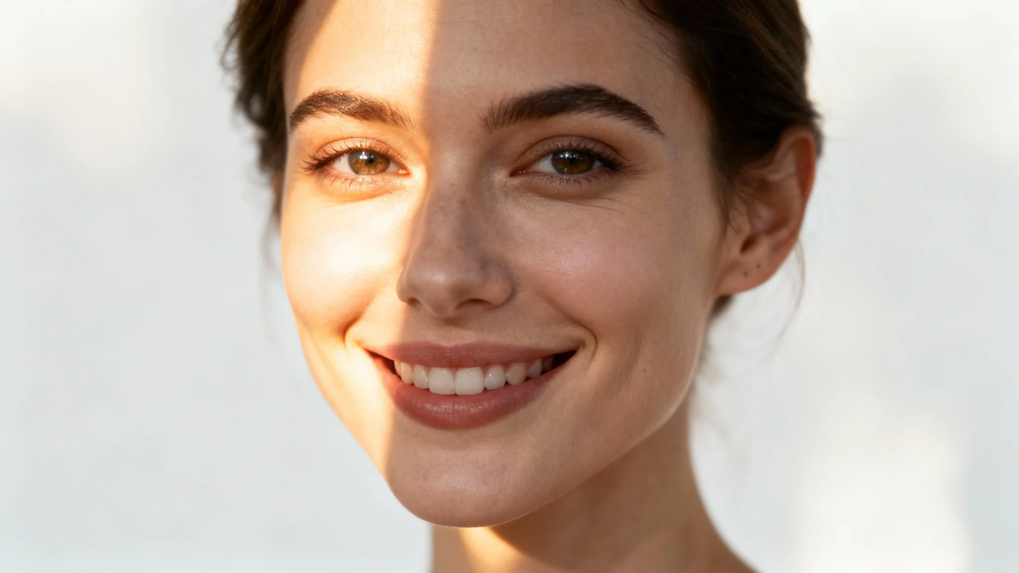 A professional close-up portrait of a smiling woman illuminated by soft natural light against a solid white background, demonstrating a natural light portrait.