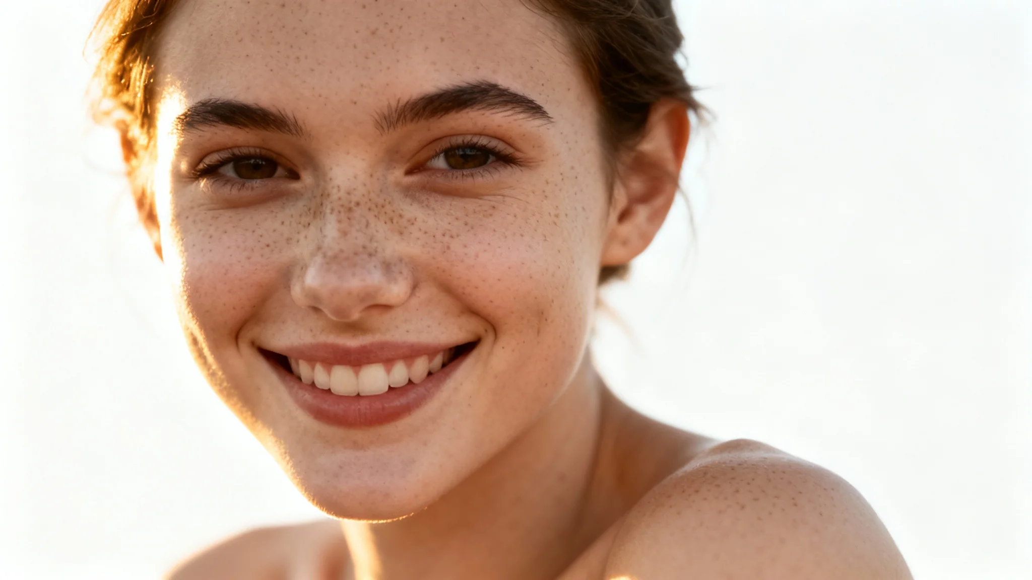 A professional, natural light portrait of a smiling woman with soft lighting, isolated against a pure white background.