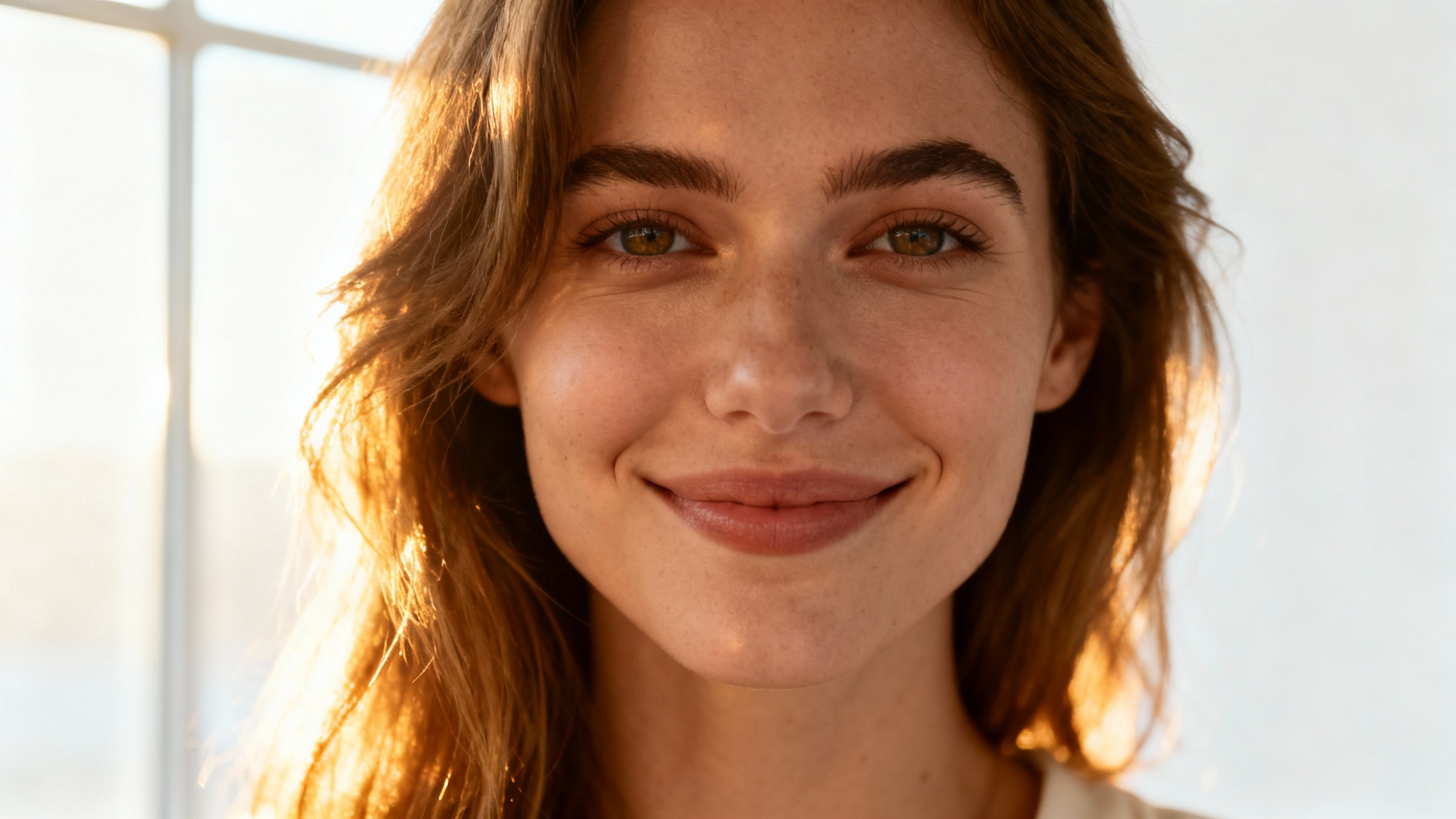 A beautiful, realistic portrait of a woman smiling warmly, illuminated by soft natural sunlight against a clean white background, demonstrating a natural light photography style.