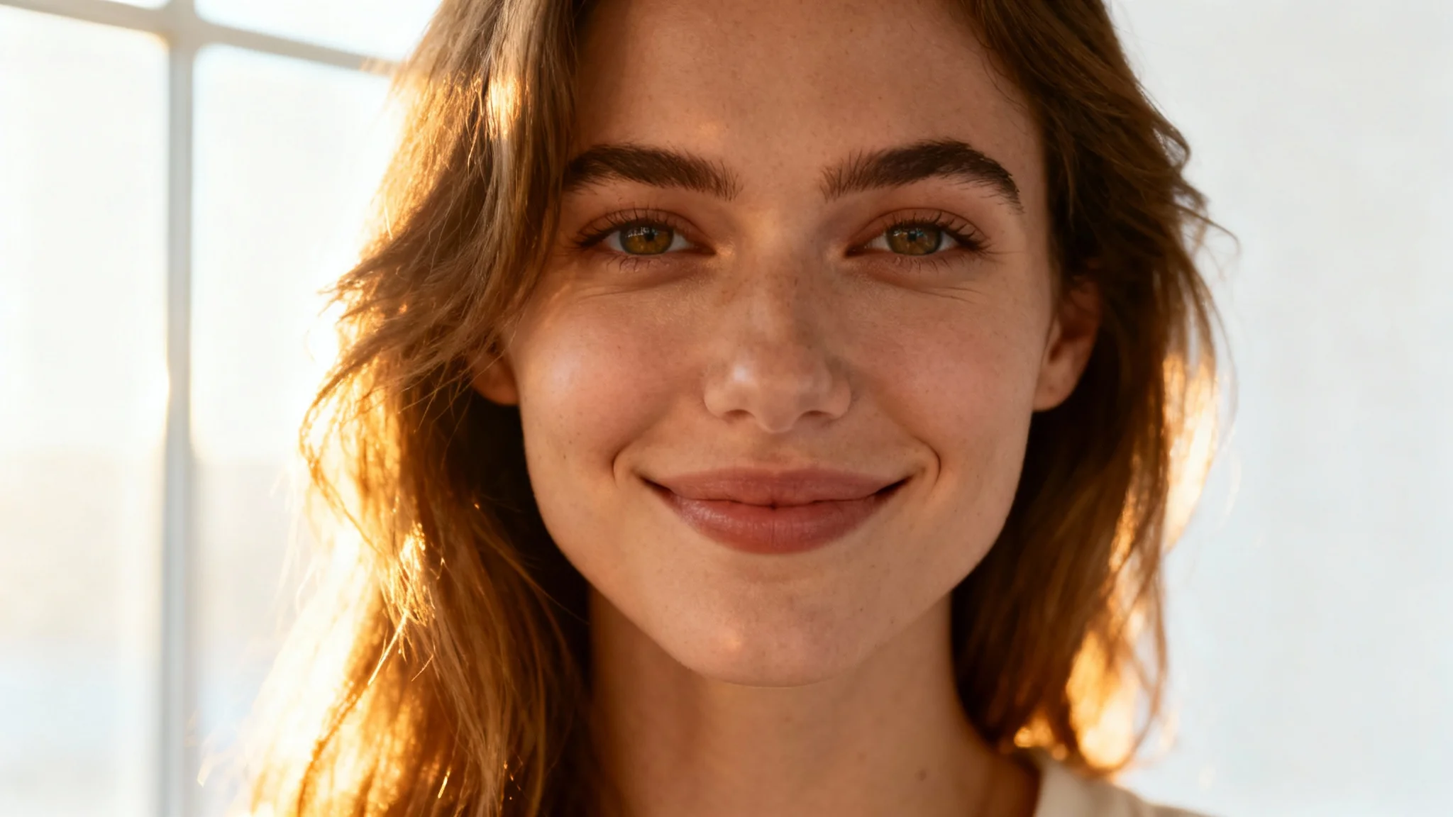 A beautiful, realistic portrait of a woman smiling warmly, illuminated by soft natural sunlight against a clean white background, demonstrating a natural light photography style.