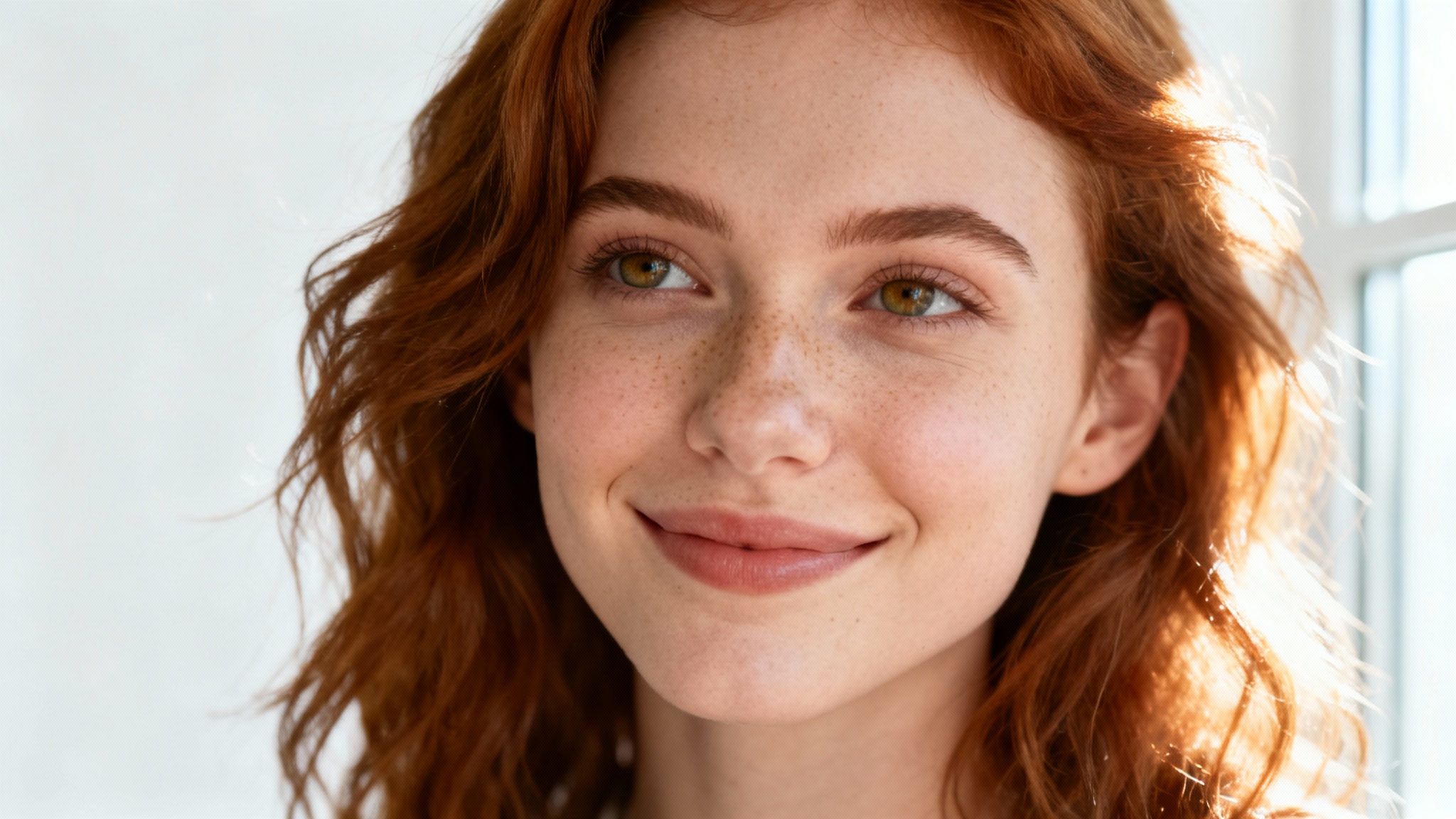 A close-up professional portrait of a woman smiling gently, illuminated by soft natural light against a plain white background, showcasing a natural and serene mood.