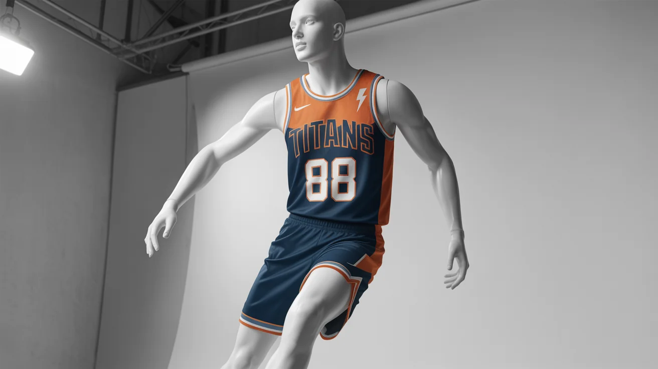 A professionally designed custom basketball jersey in navy blue and orange, featuring the team name 'TITANS' and the number '88', displayed on a mannequin in a studio setting.