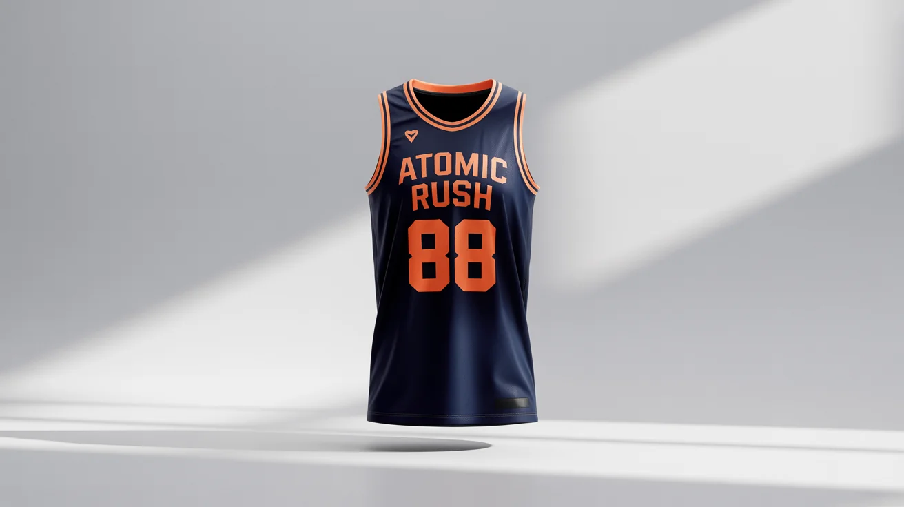 A front-view mockup of a modern navy blue and electric orange basketball jersey. The jersey features the text 'ATOMIC RUSH' and the number '88' on the front, displayed on a clean white background.