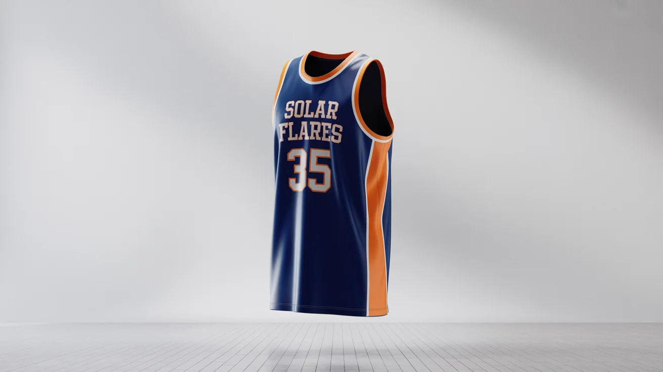 A professional mockup of a navy blue basketball jersey with the fictional team name 'Solar Flares' and the number '35' in white and orange, displayed on a clean white background.