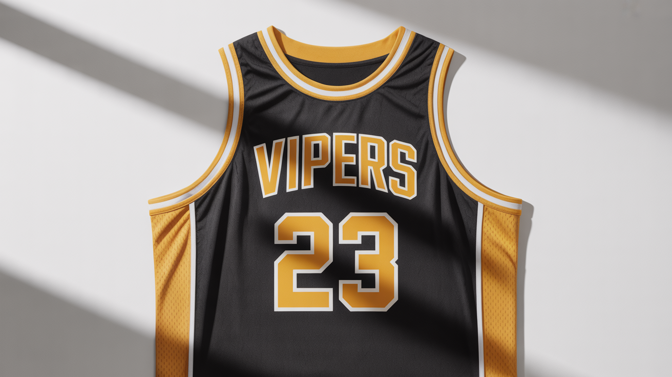 A professional mockup of a black basketball jersey with gold lettering that reads 'VIPERS' and the number '23', lying flat on a white surface.