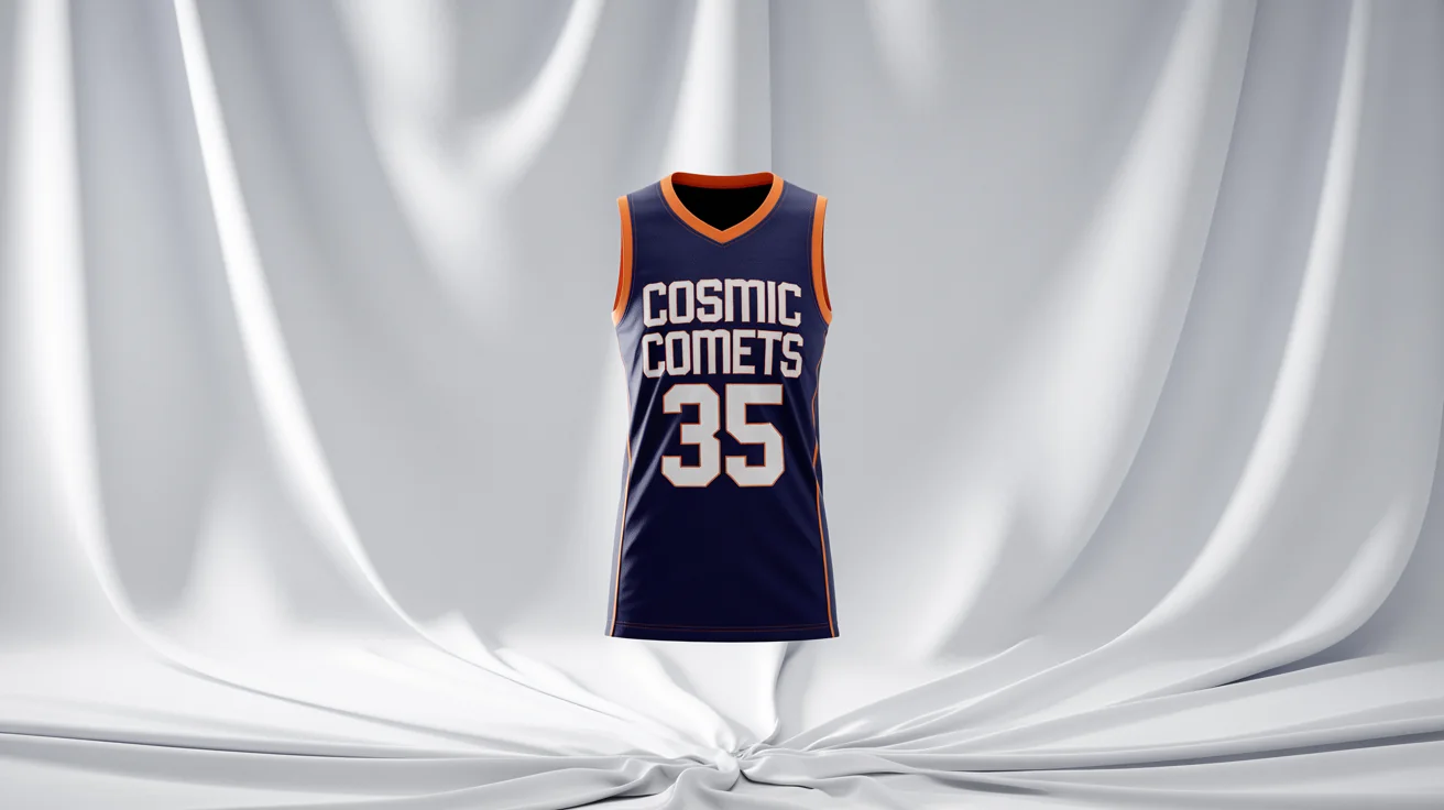 A professional mockup of a navy blue and electric orange basketball jersey with the team name 'Cosmic Comets' and the number 35, on a clean white background.
