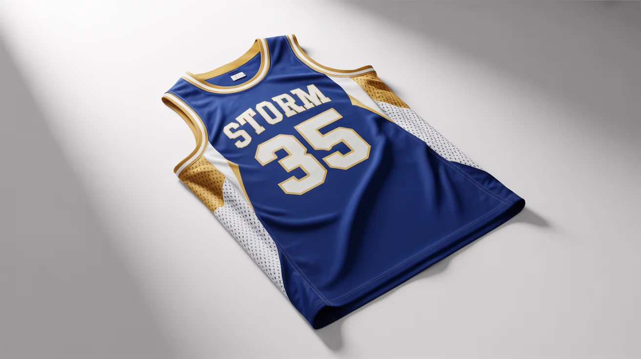 A professional mockup of a royal blue basketball jersey with 'STORM' and the number '35' in gold and white, laid flat against a clean white background.