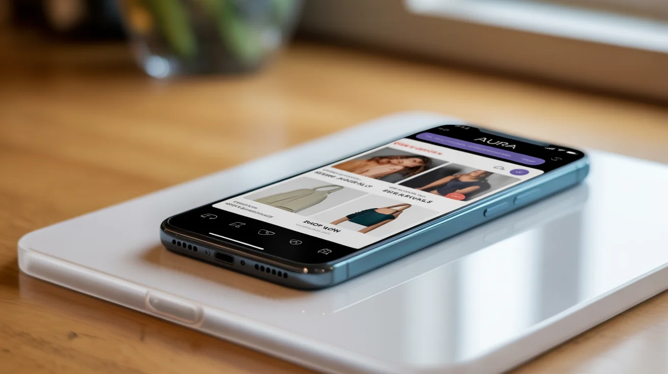 A photorealistic mockup of a sleek smartphone on a white surface, displaying a professional and vibrant e-commerce app design for a brand named 'Aura'.