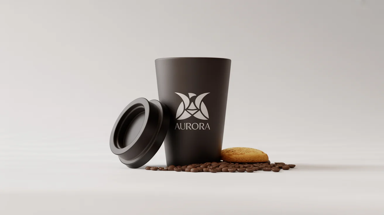 A photorealistic mockup of a matte black reusable coffee cup with the brand name 'AURORA' printed in white, set against a clean white background with a few coffee beans and a biscotti.