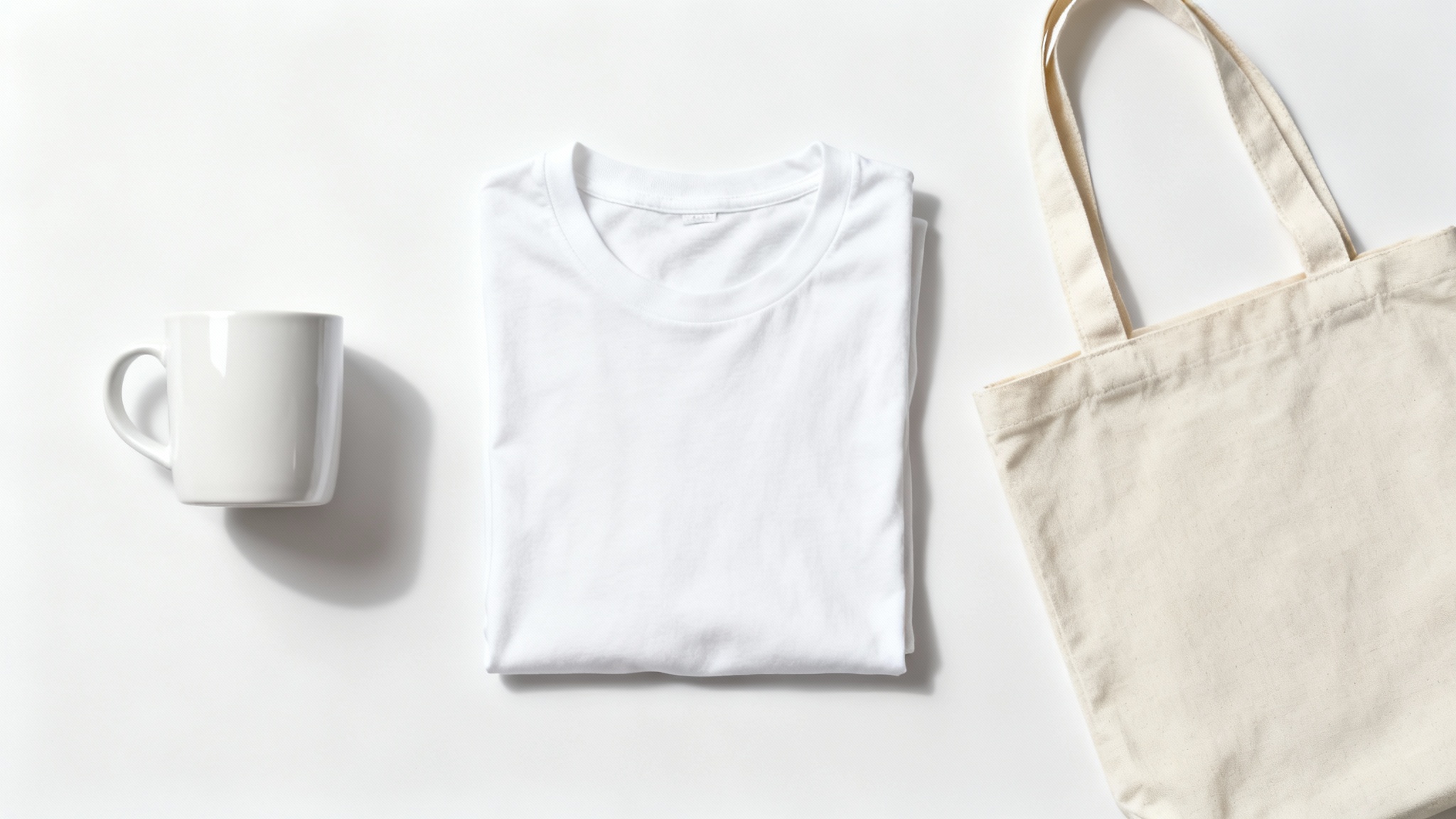 A flat lay image displaying blank mockup items including a white t-shirt, a coffee mug, and a canvas tote bag on a clean white background, ready for customization.