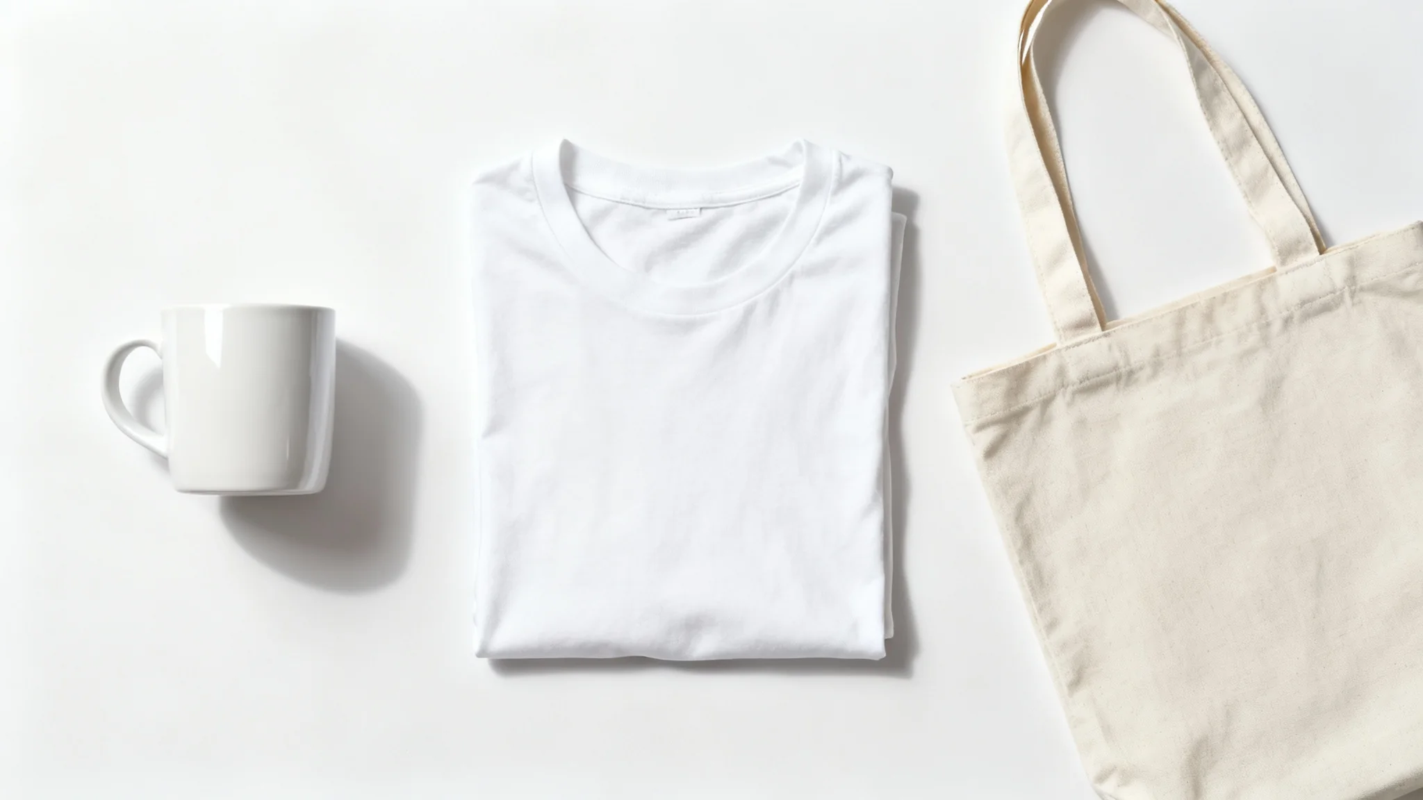 A flat lay image displaying blank mockup items including a white t-shirt, a coffee mug, and a canvas tote bag on a clean white background, ready for customization.
