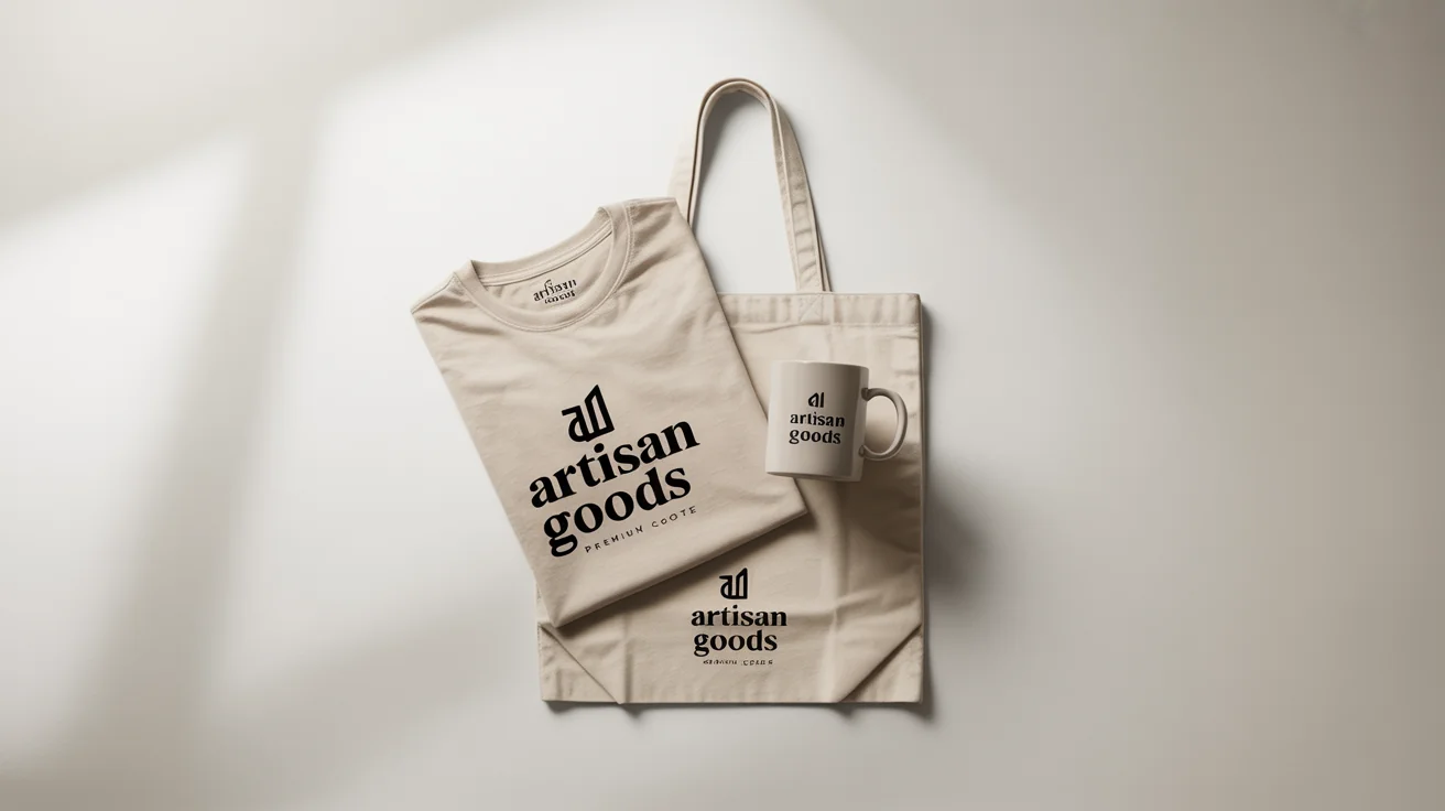 A professional product mockup showing a t-shirt, mug, and tote bag branded with a minimalist logo and the text 'Artisan Goods', arranged neatly on a white background.