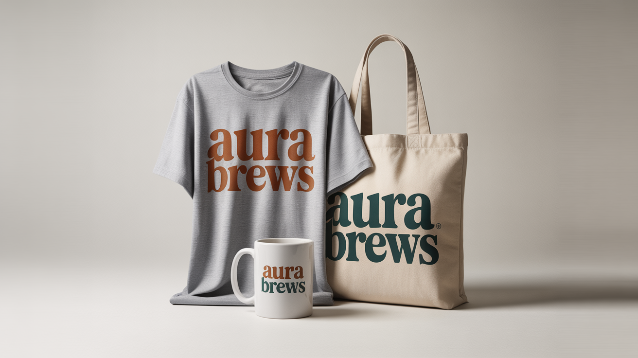 A photorealistic collection of branded product mockups, including a t-shirt, coffee mug, and tote bag for a fictional coffee brand 'Aura Brews', displayed on a clean white background.