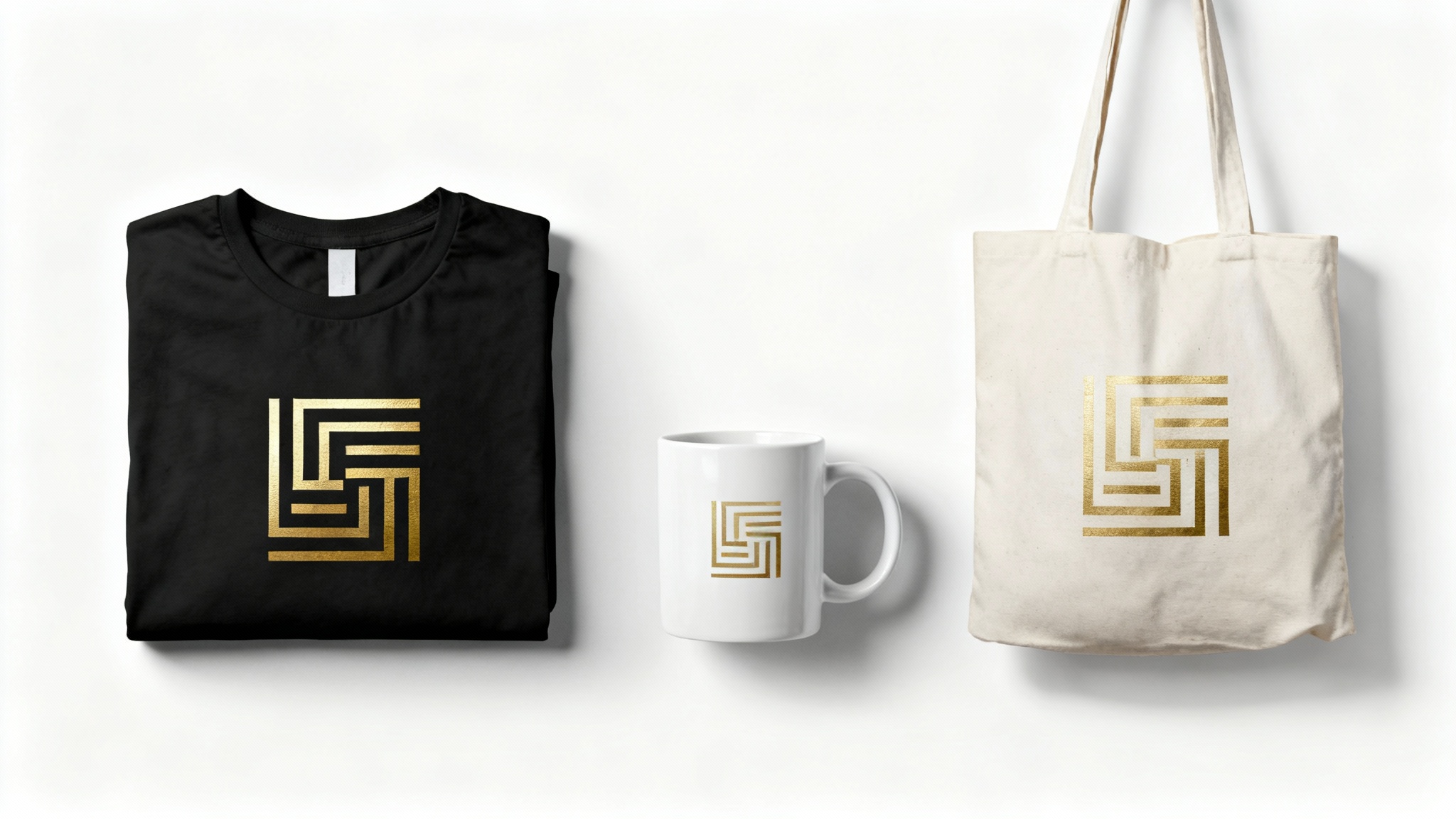 A collection of branded product mockups, including a black t-shirt, a white mug, and a canvas tote bag, displayed in a clean, minimalist setting.