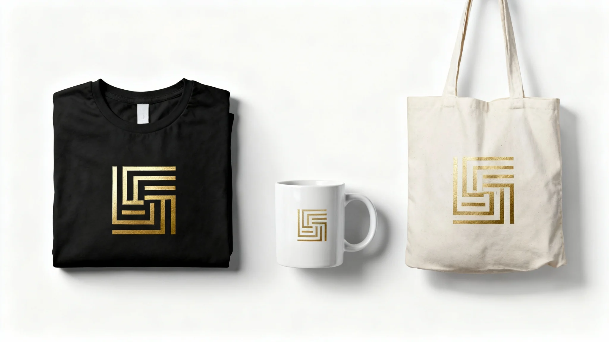 A collection of branded product mockups, including a black t-shirt, a white mug, and a canvas tote bag, displayed in a clean, minimalist setting.